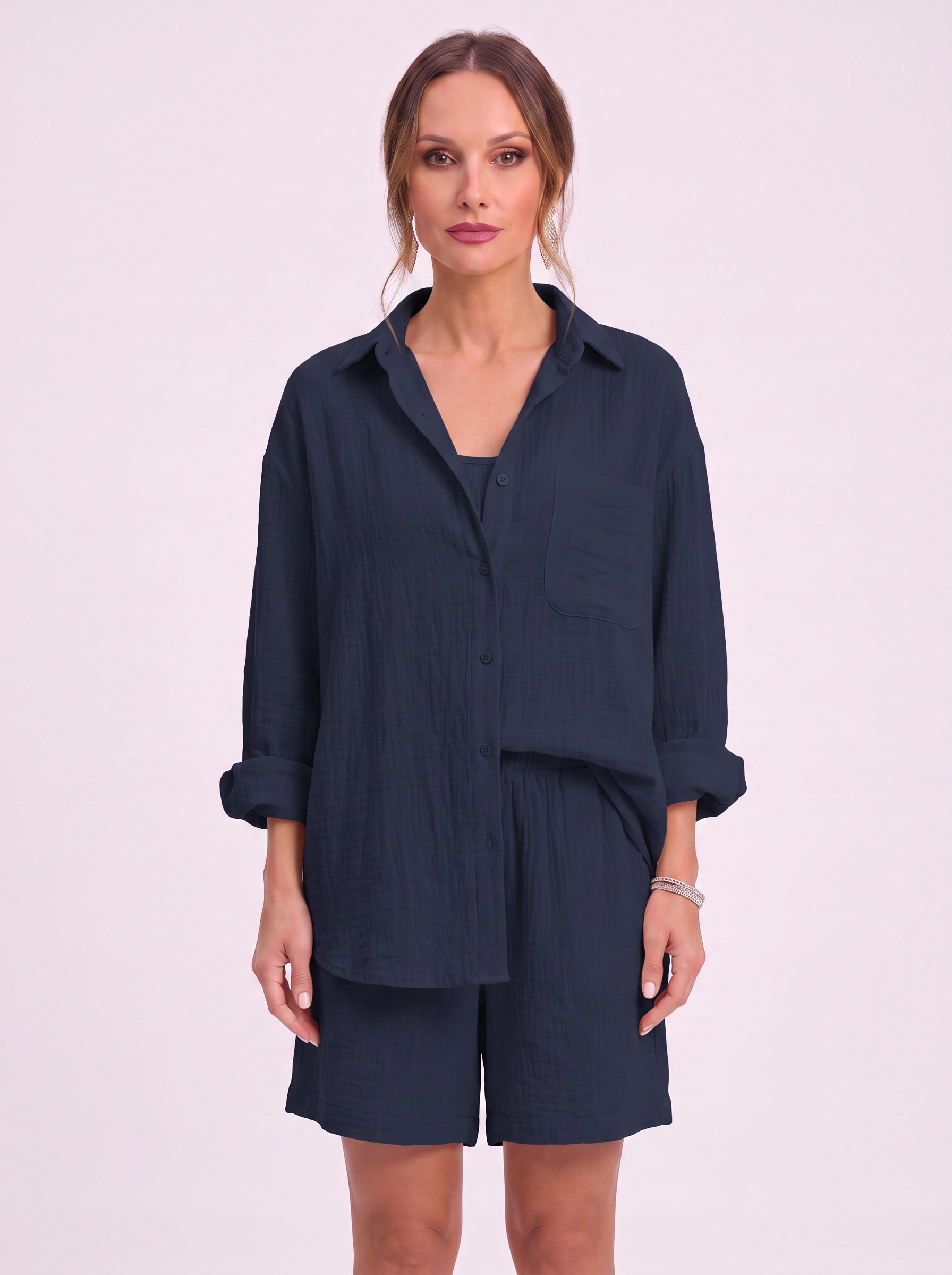 Cressa Linen Oversized Shirt Shorts Set – Women Summer Lounge Co-Ord Casual Vacation Resort Linen Set