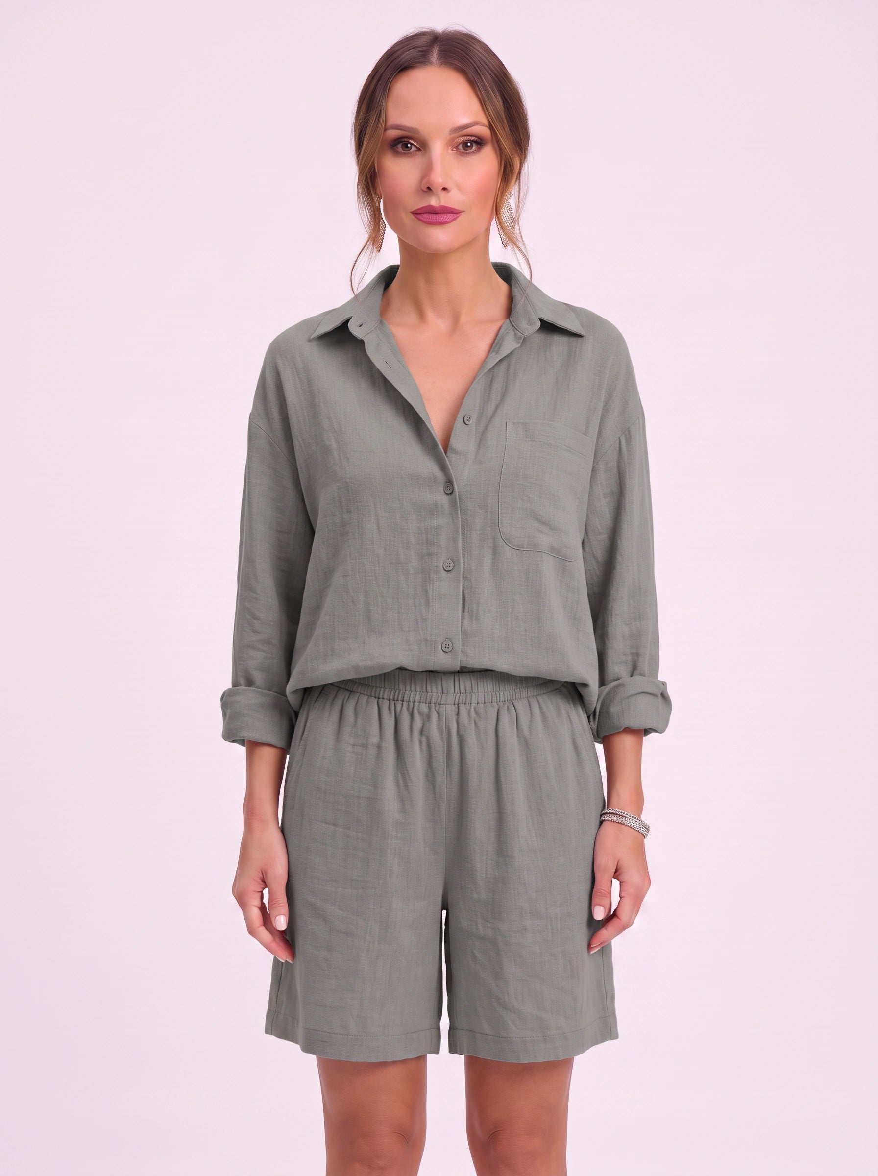 Cressa Linen Oversized Shirt Shorts Set – Women Summer Lounge Co-Ord Casual Vacation Resort Linen Set