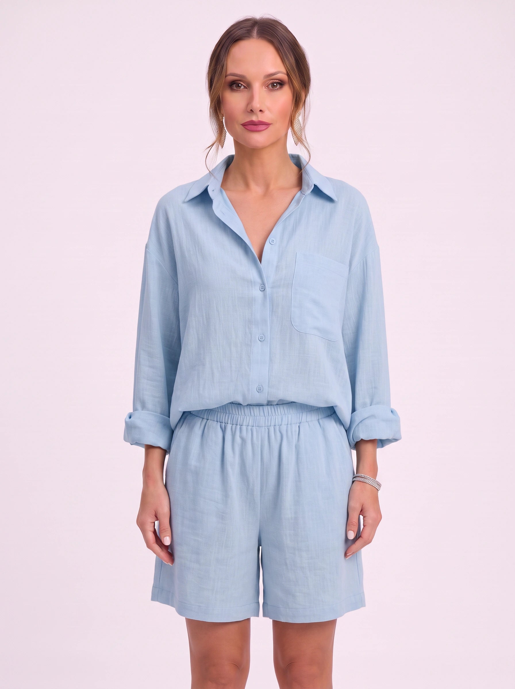 Cressa Linen Oversized Shirt Shorts Set – Women Summer Lounge Co-Ord Casual Vacation Resort Linen Set