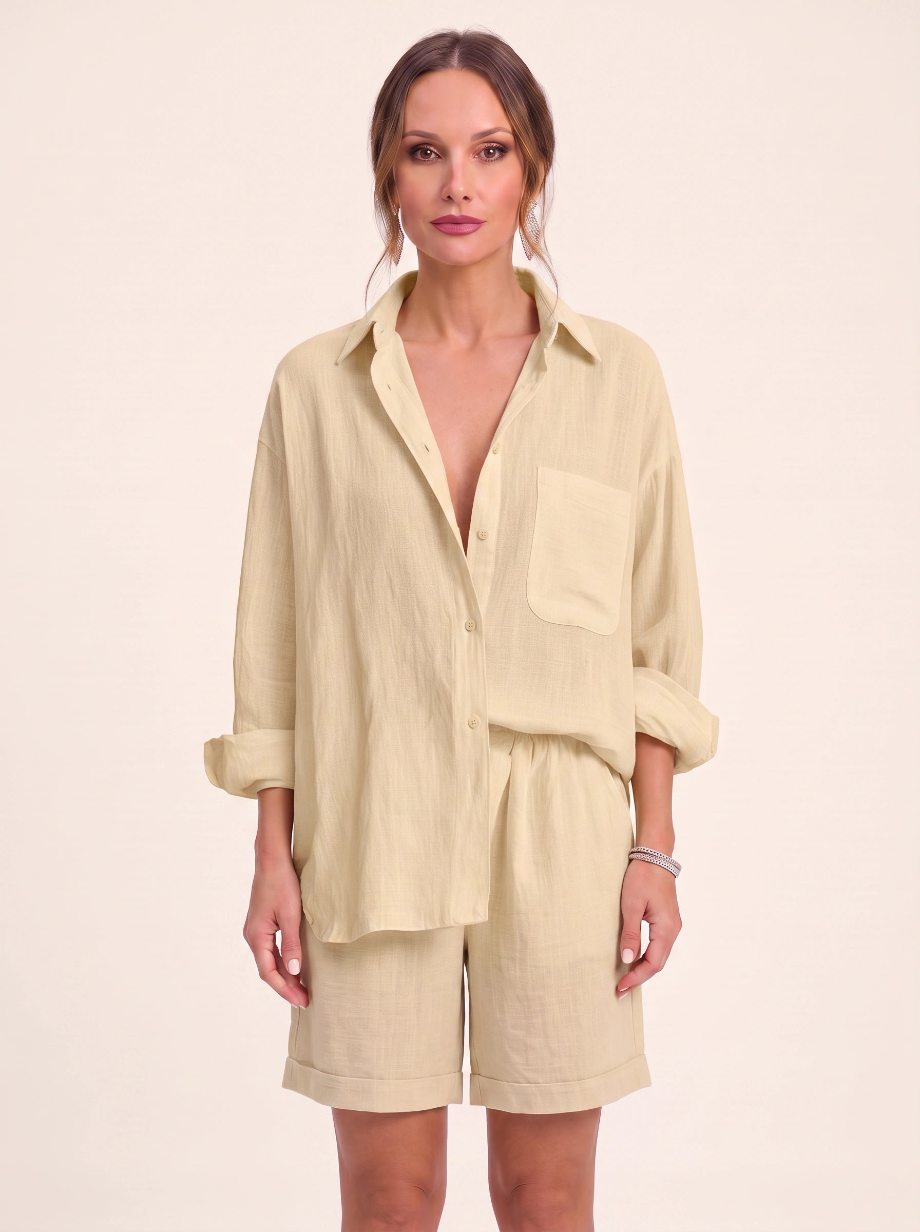Cressa Linen Oversized Shirt Shorts Set – Women Summer Lounge Co-Ord Casual Vacation Resort Linen Set