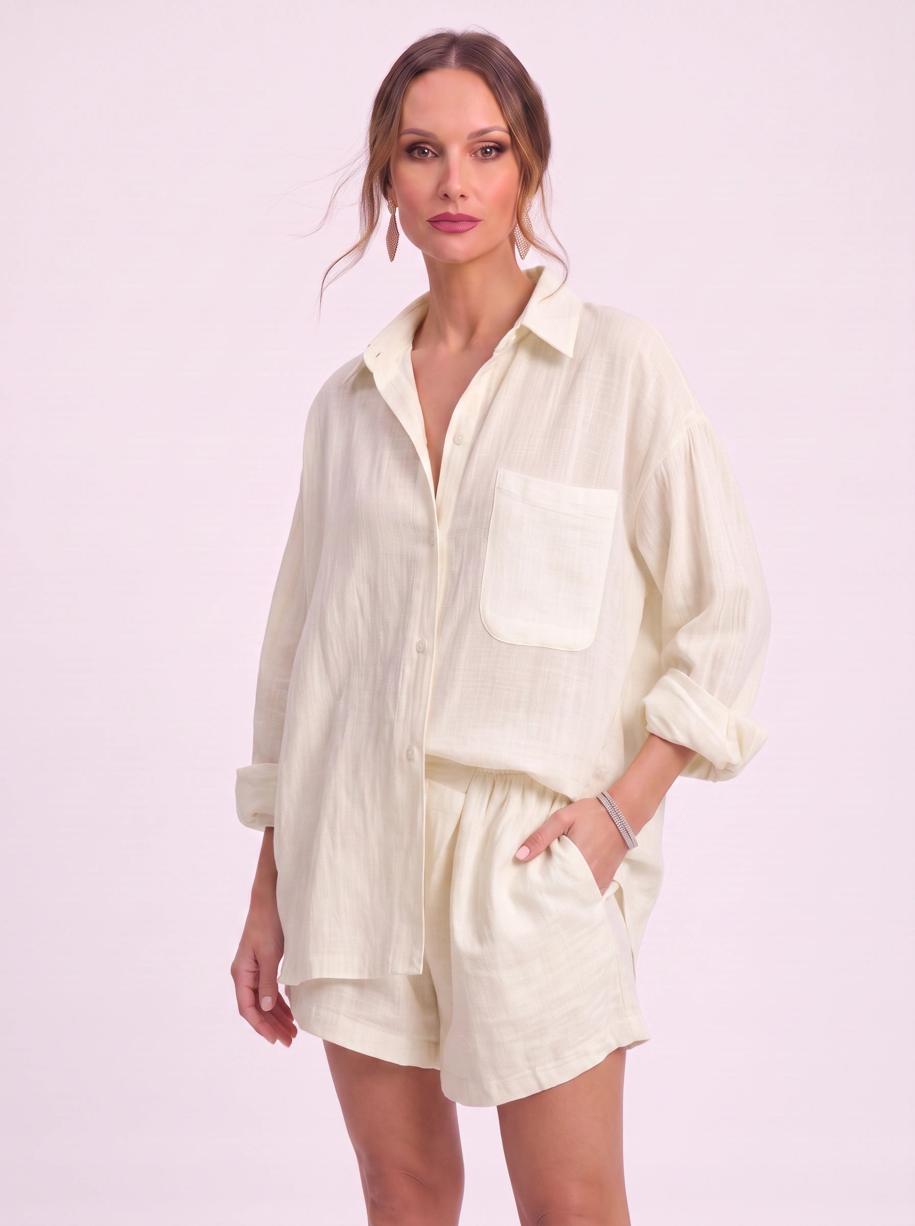 Cressa Linen Oversized Shirt Shorts Set – Women Summer Lounge Co-Ord Casual Vacation Resort Linen Set