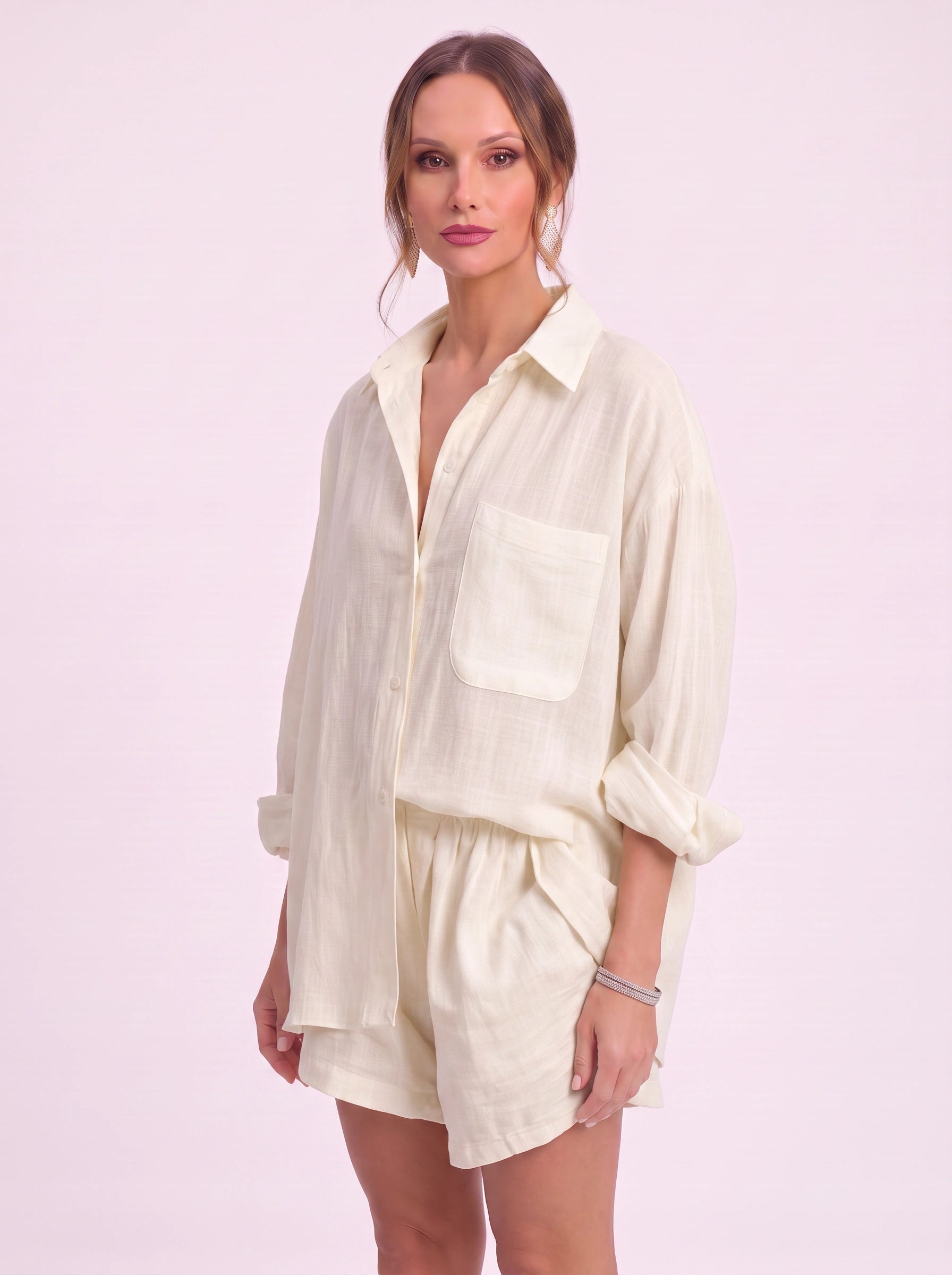 Cressa Linen Oversized Shirt Shorts Set – Women Summer Lounge Co-Ord Casual Vacation Resort Linen Set