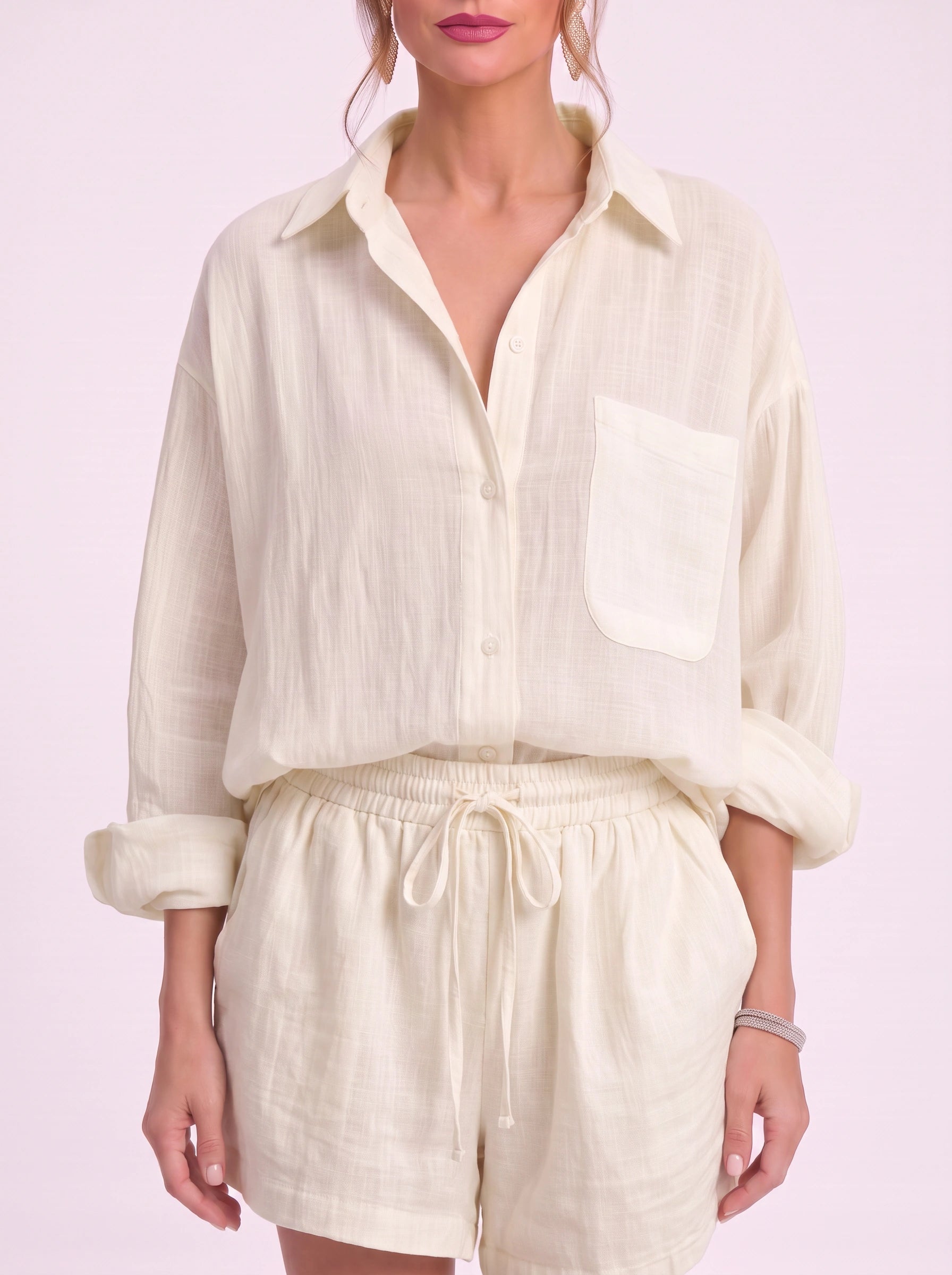 Cressa Linen Oversized Shirt Shorts Set – Women Summer Lounge Co-Ord Casual Vacation Resort Linen Set
