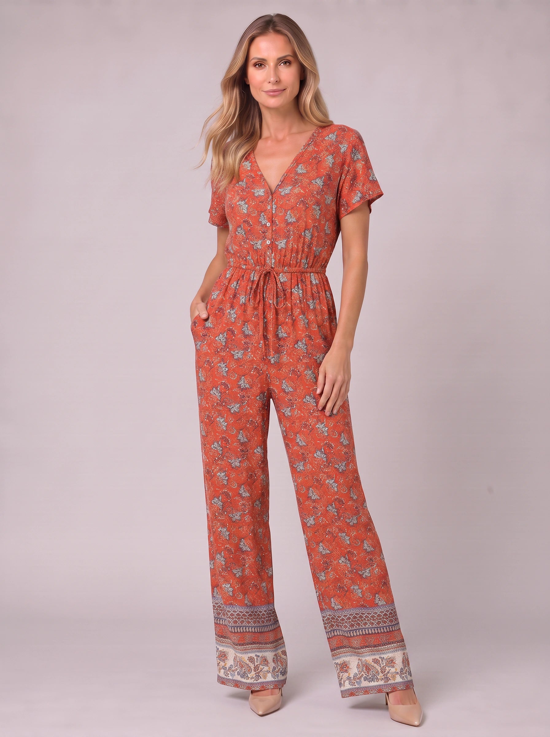 Fioranza Boho Floral Wide-Leg Jumpsuit – Women Summer Vacation Beach Bohemian Style Clothing Casual Jumpsuit