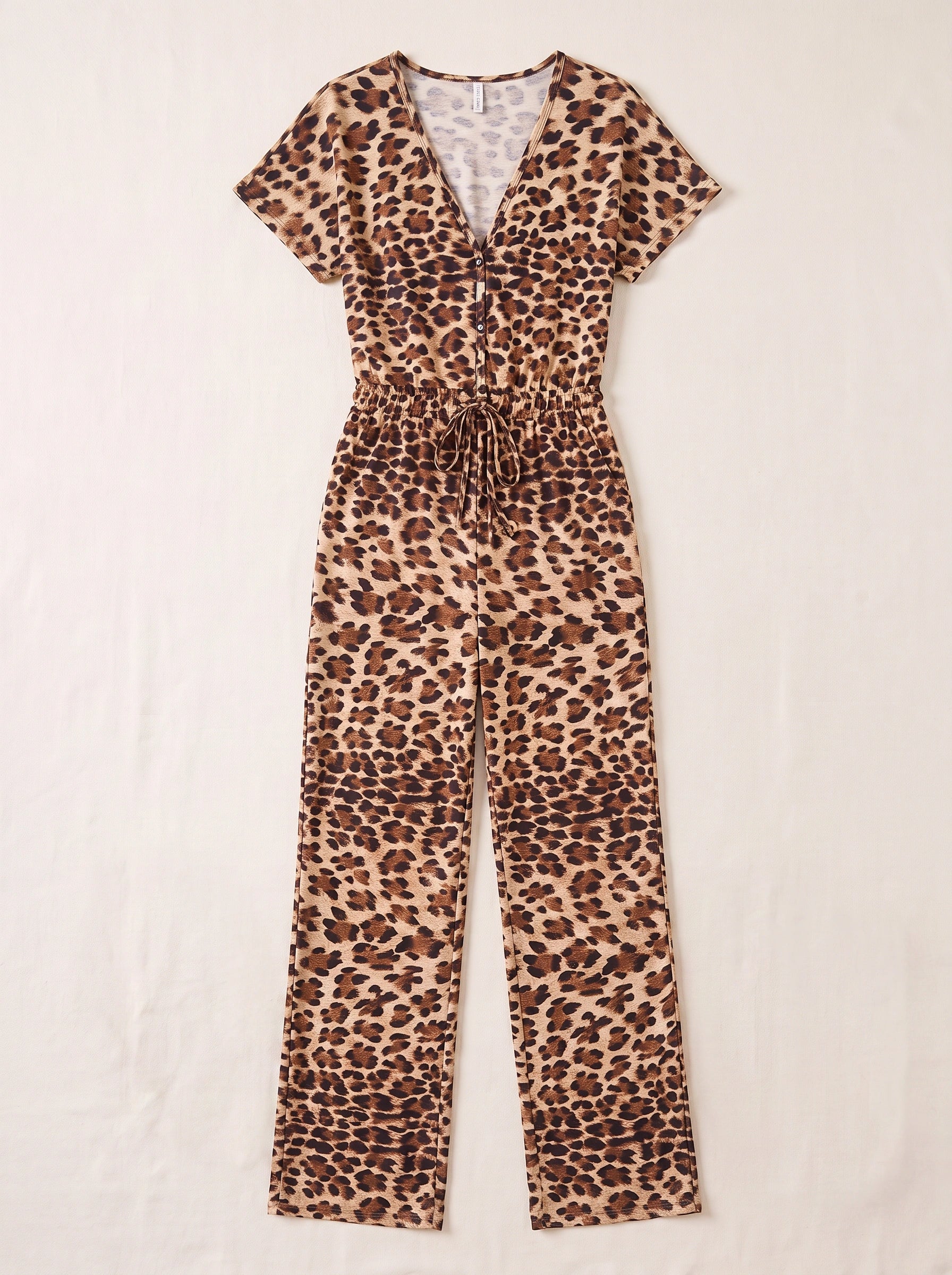 Maculara Leopard Print V-Neck Wide-Leg Jumpsuit – Women Boho Beach Vacation Casual Summer Loungewear Jumpsuit