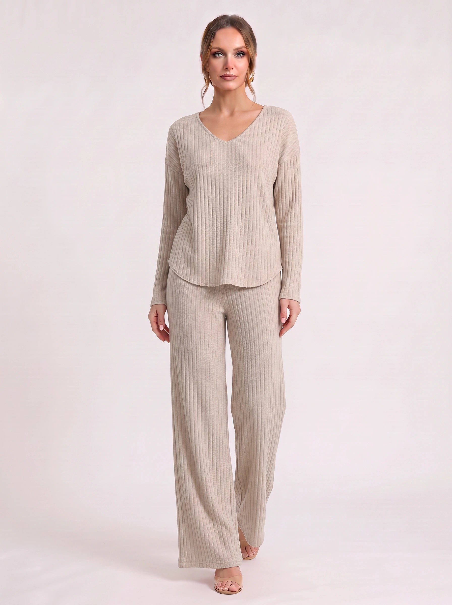 Costara Ribbed V-Neck Lounge Set – Wide-Leg Pants Women Cozy Loungewear Two-Piece Knit Co-Ord Set