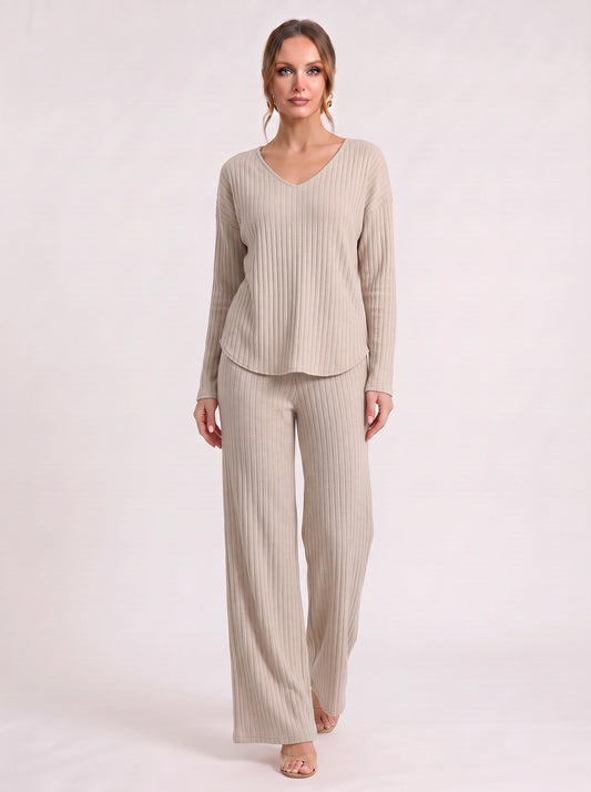 Costara Ribbed V-Neck Lounge Set – Wide-Leg Pants Women Cozy Loungewear Two-Piece Knit Co-Ord Set
