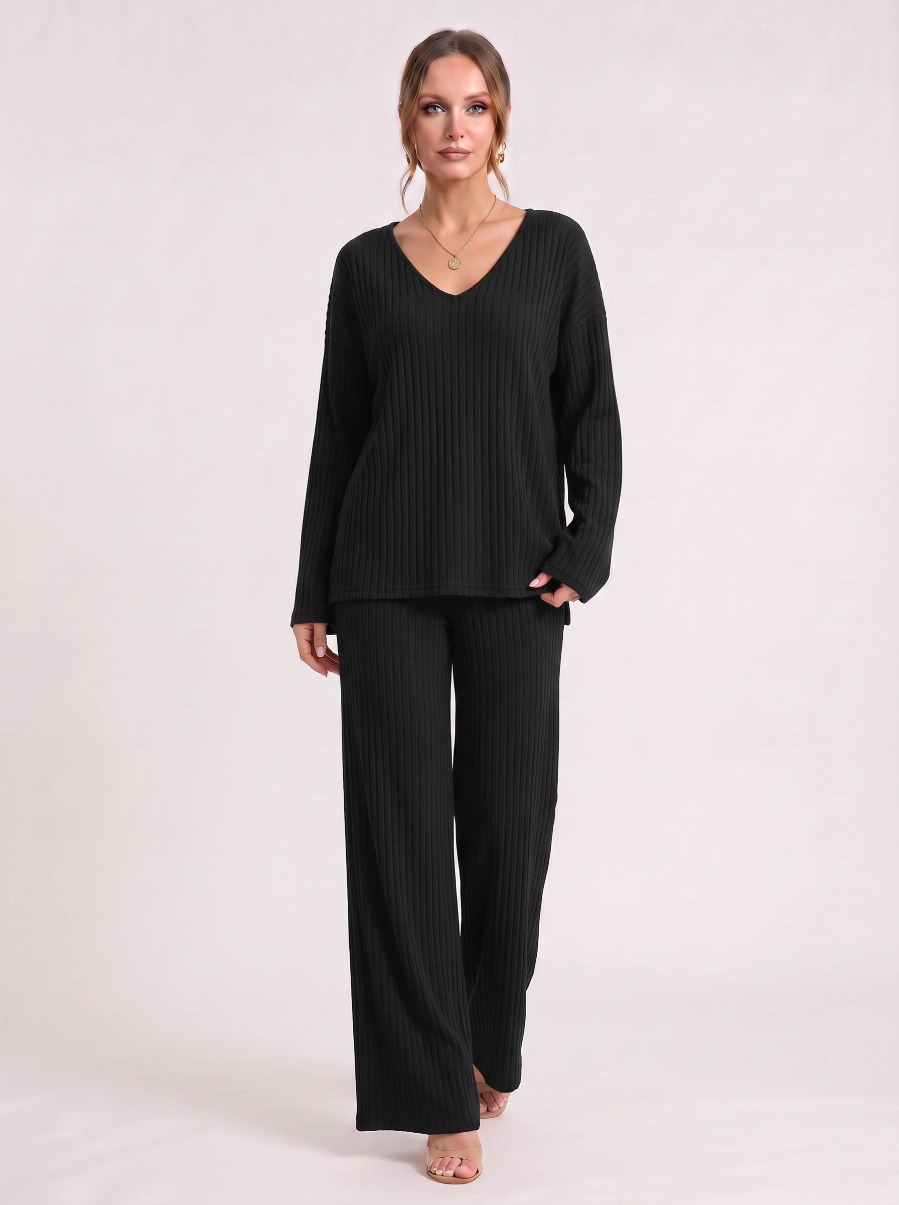 Costara Ribbed V-Neck Lounge Set – Wide-Leg Pants Women Cozy Loungewear Two-Piece Knit Co-Ord Set