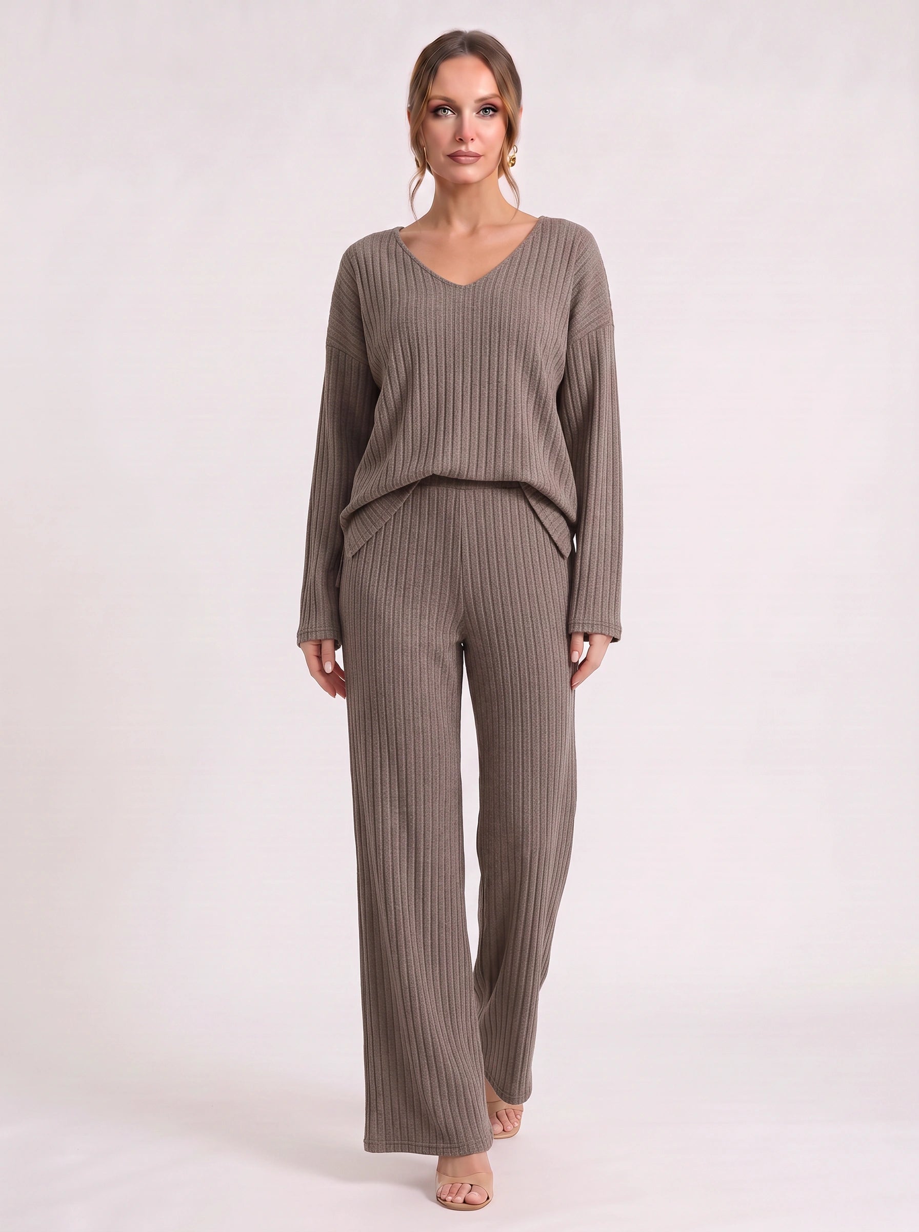 Costara Ribbed V-Neck Lounge Set – Wide-Leg Pants Women Cozy Loungewear Two-Piece Knit Co-Ord Set