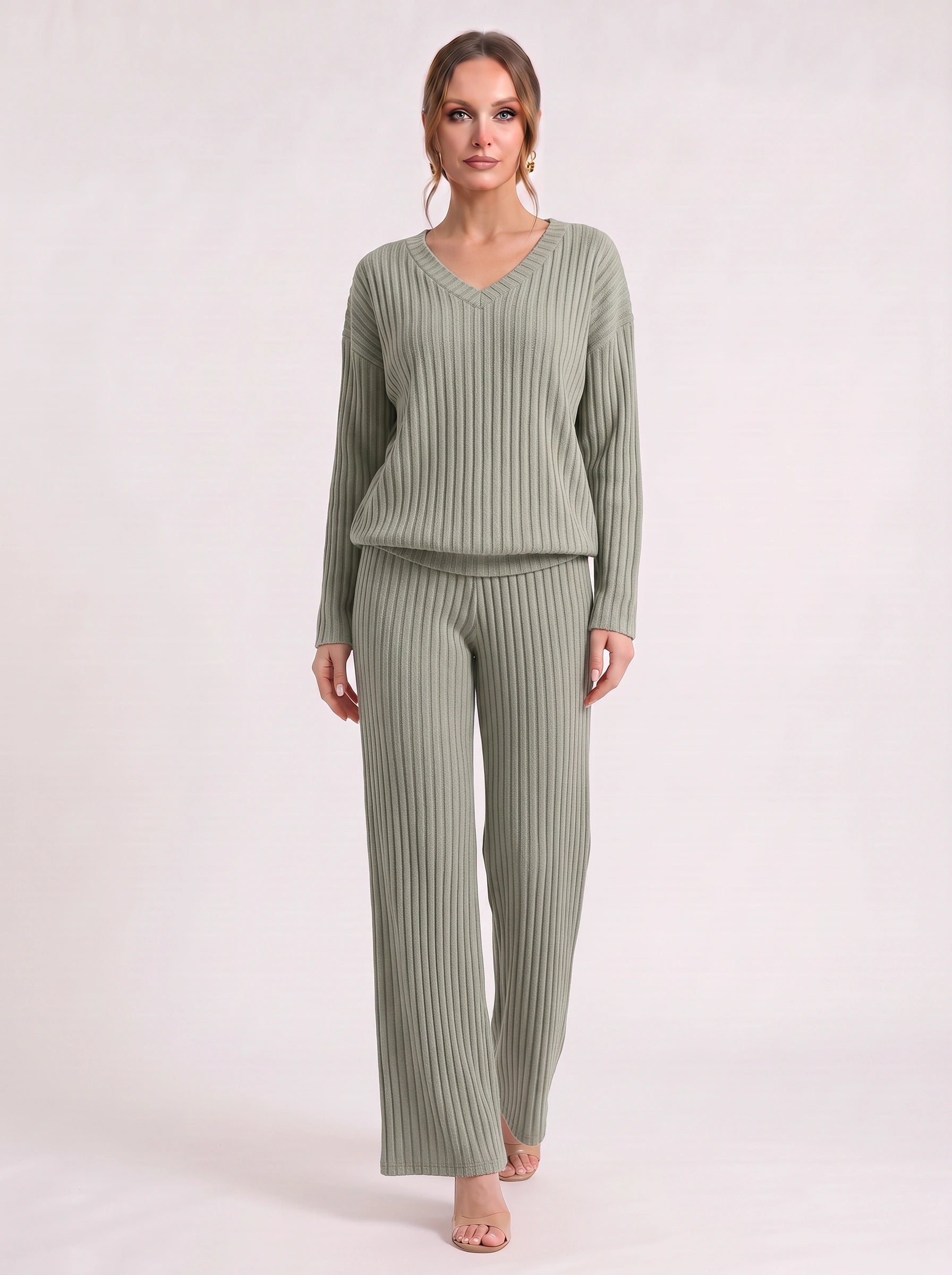 Costara Ribbed V-Neck Lounge Set – Wide-Leg Pants Women Cozy Loungewear Two-Piece Knit Co-Ord Set