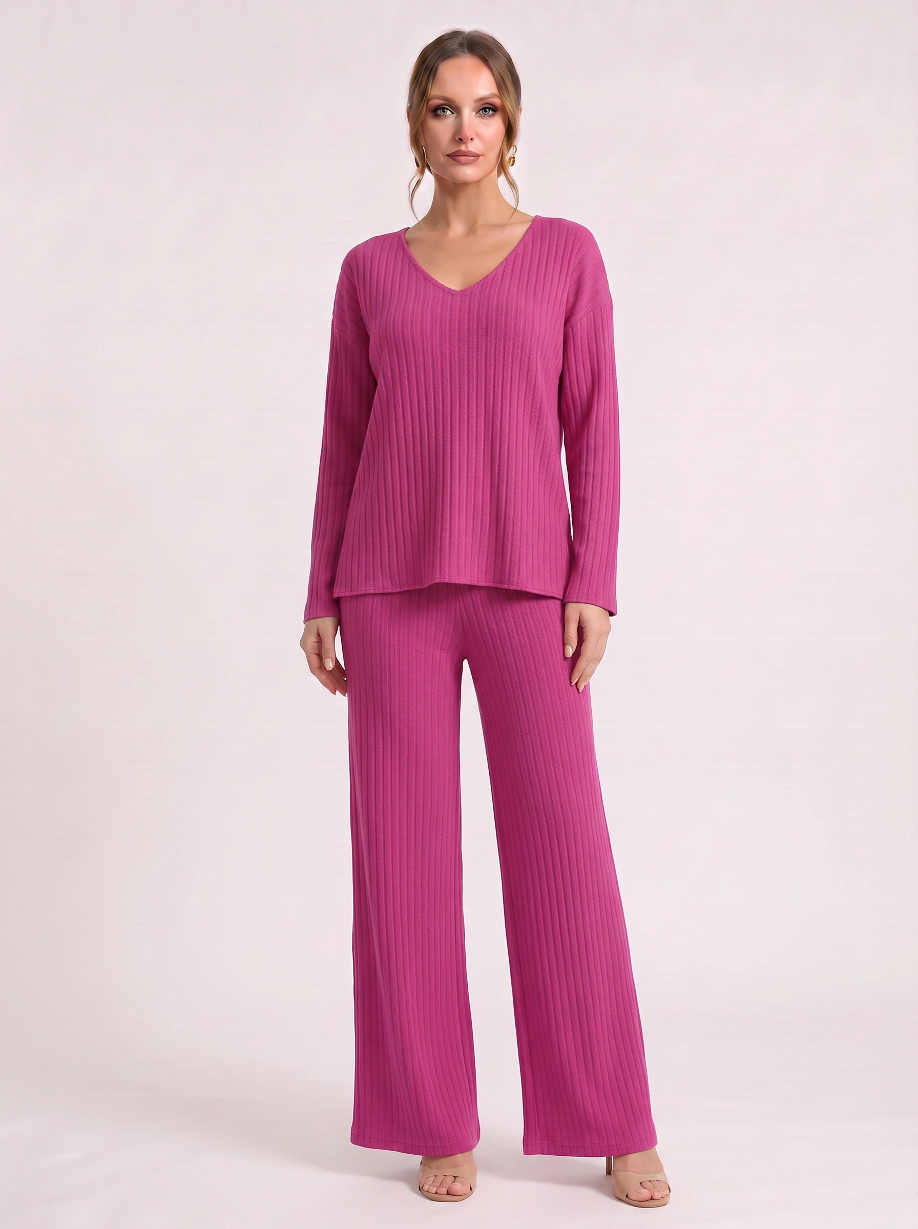 Costara Ribbed V-Neck Lounge Set – Wide-Leg Pants Women Cozy Loungewear Two-Piece Knit Co-Ord Set