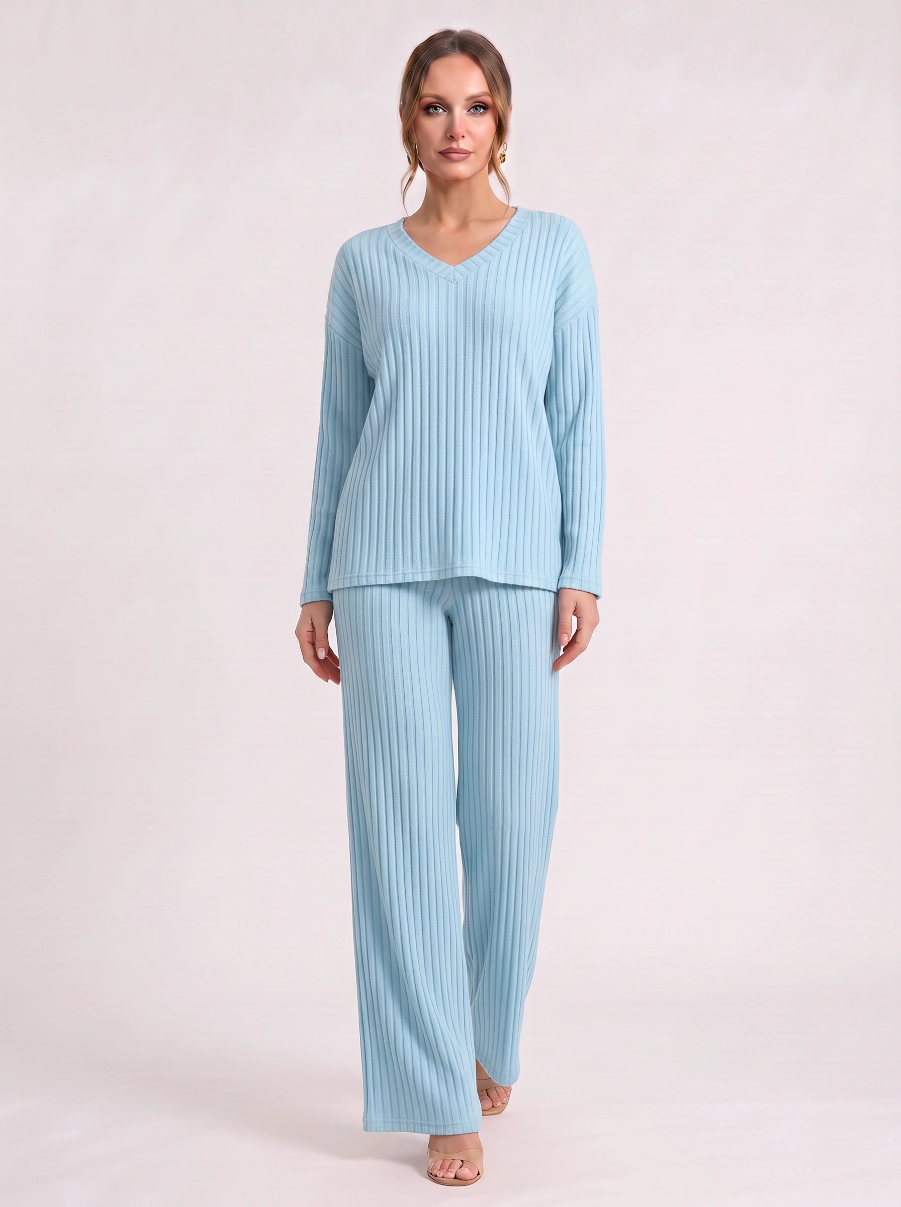 Costara Ribbed V-Neck Lounge Set – Wide-Leg Pants Women Cozy Loungewear Two-Piece Knit Co-Ord Set