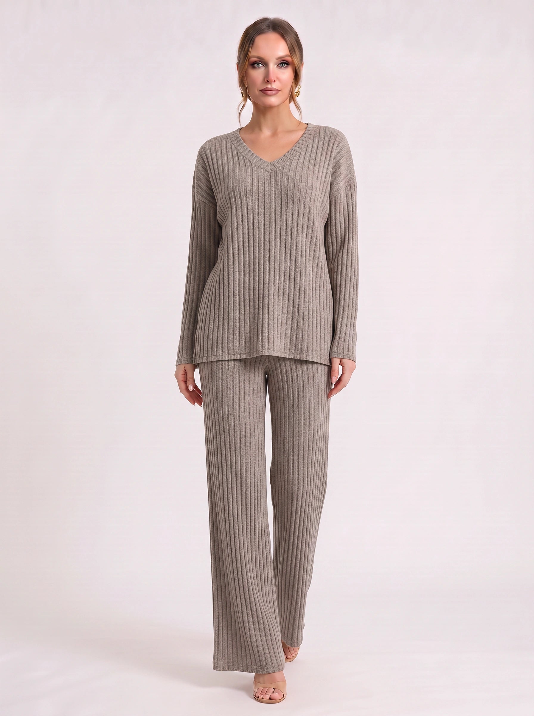 Costara Ribbed V-Neck Lounge Set – Wide-Leg Pants Women Cozy Loungewear Two-Piece Knit Co-Ord Set