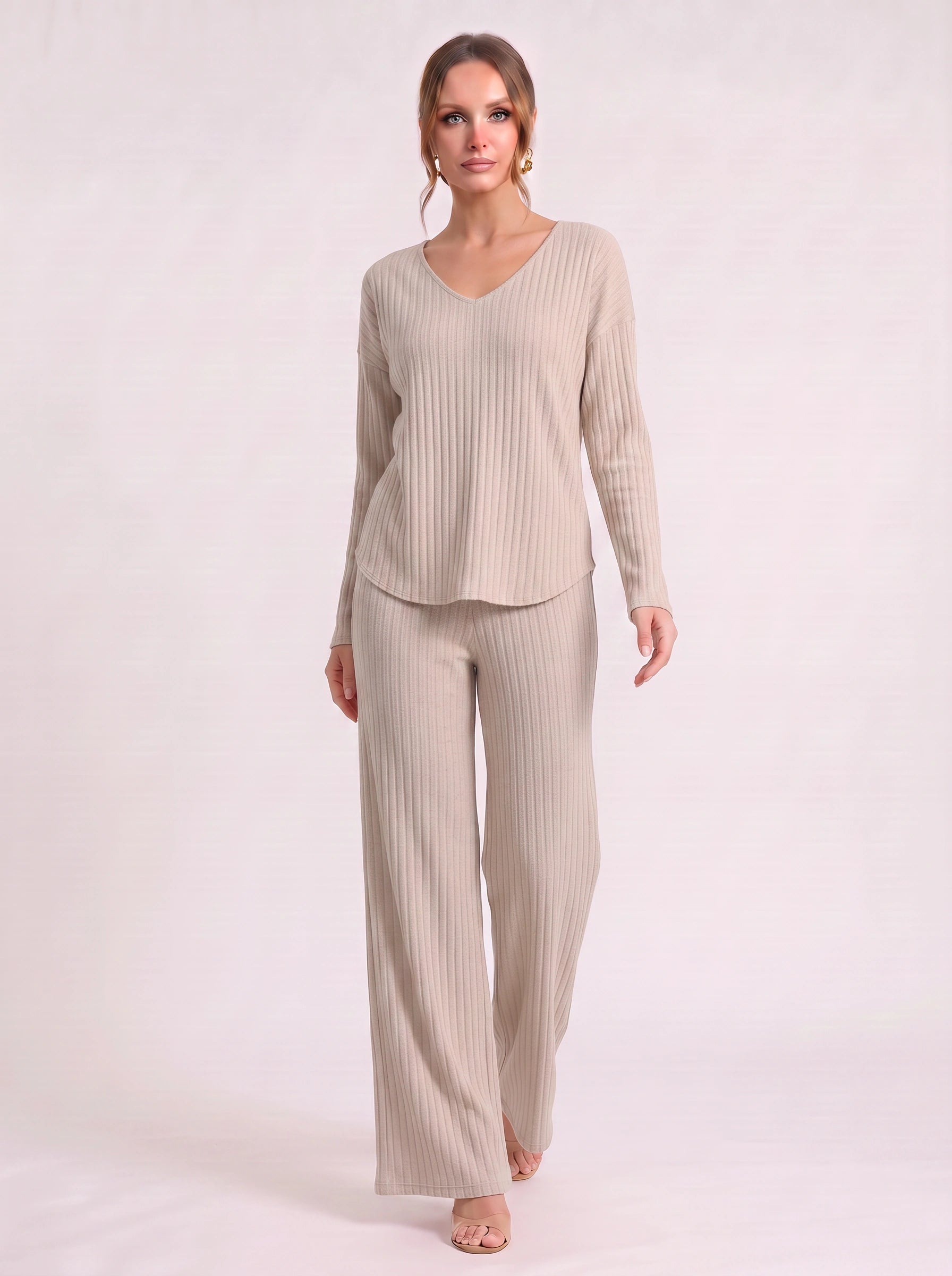 Costara Ribbed V-Neck Lounge Set – Wide-Leg Pants Women Cozy Loungewear Two-Piece Knit Co-Ord Set