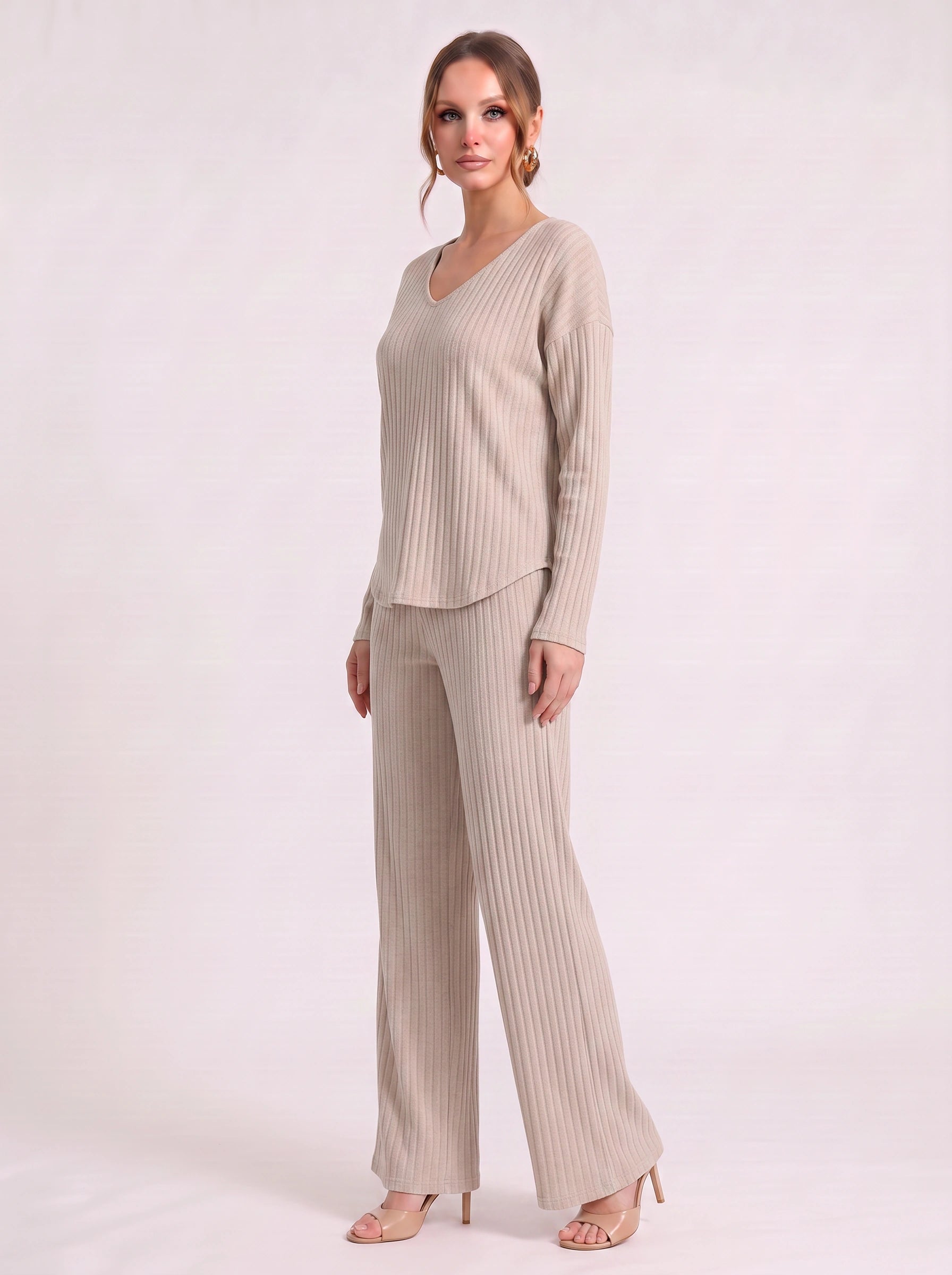Costara Ribbed V-Neck Lounge Set – Wide-Leg Pants Women Cozy Loungewear Two-Piece Knit Co-Ord Set