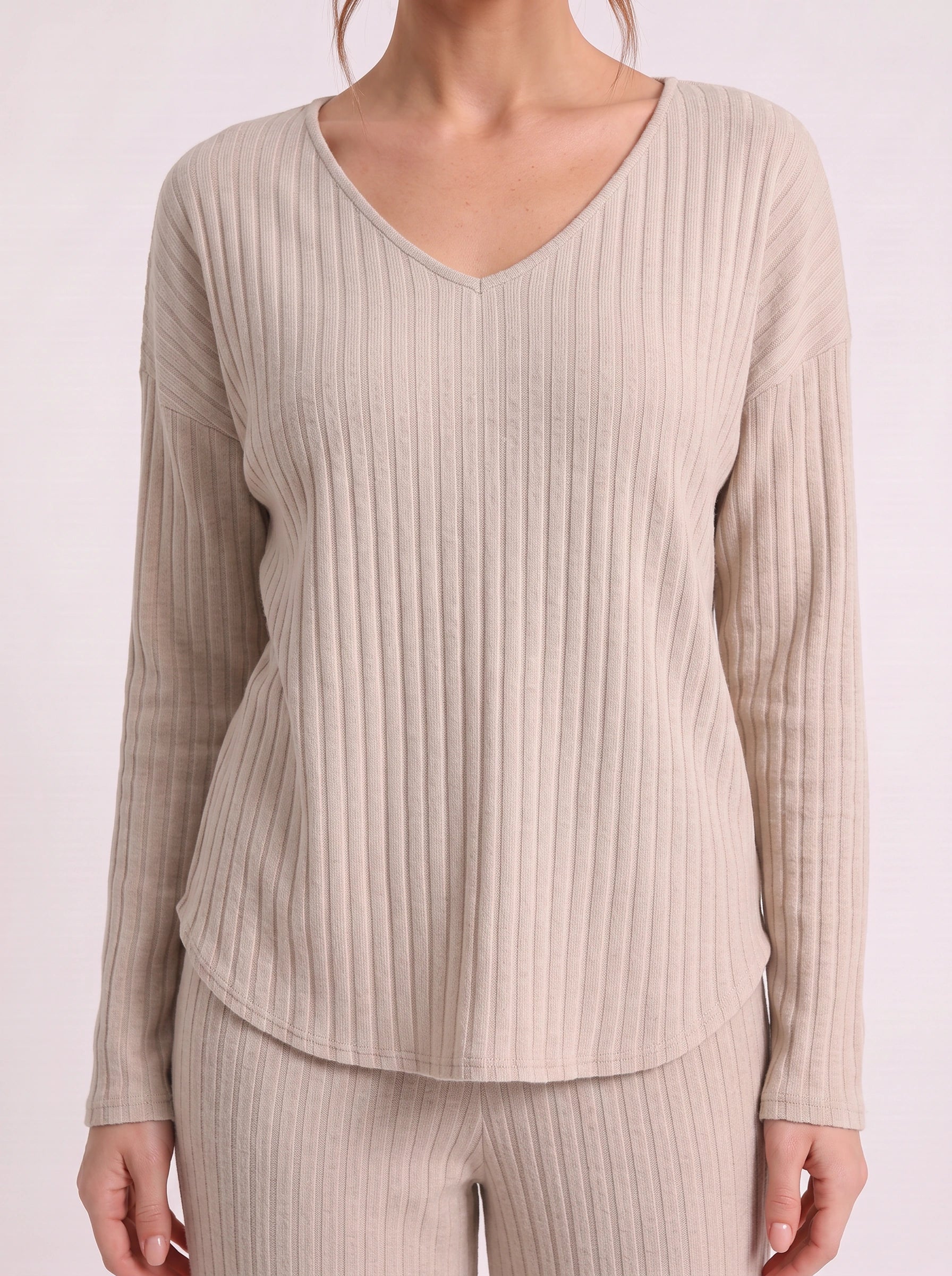 Costara Ribbed V-Neck Lounge Set – Wide-Leg Pants Women Cozy Loungewear Two-Piece Knit Co-Ord Set