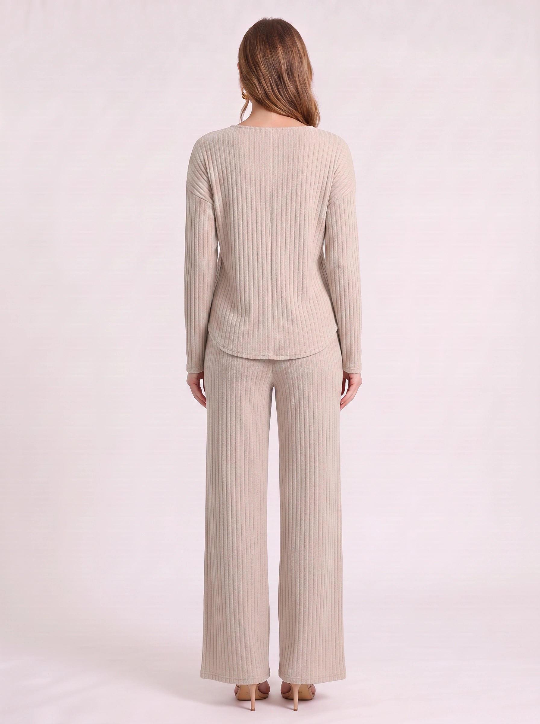 Costara Ribbed V-Neck Lounge Set – Wide-Leg Pants Women Cozy Loungewear Two-Piece Knit Co-Ord Set