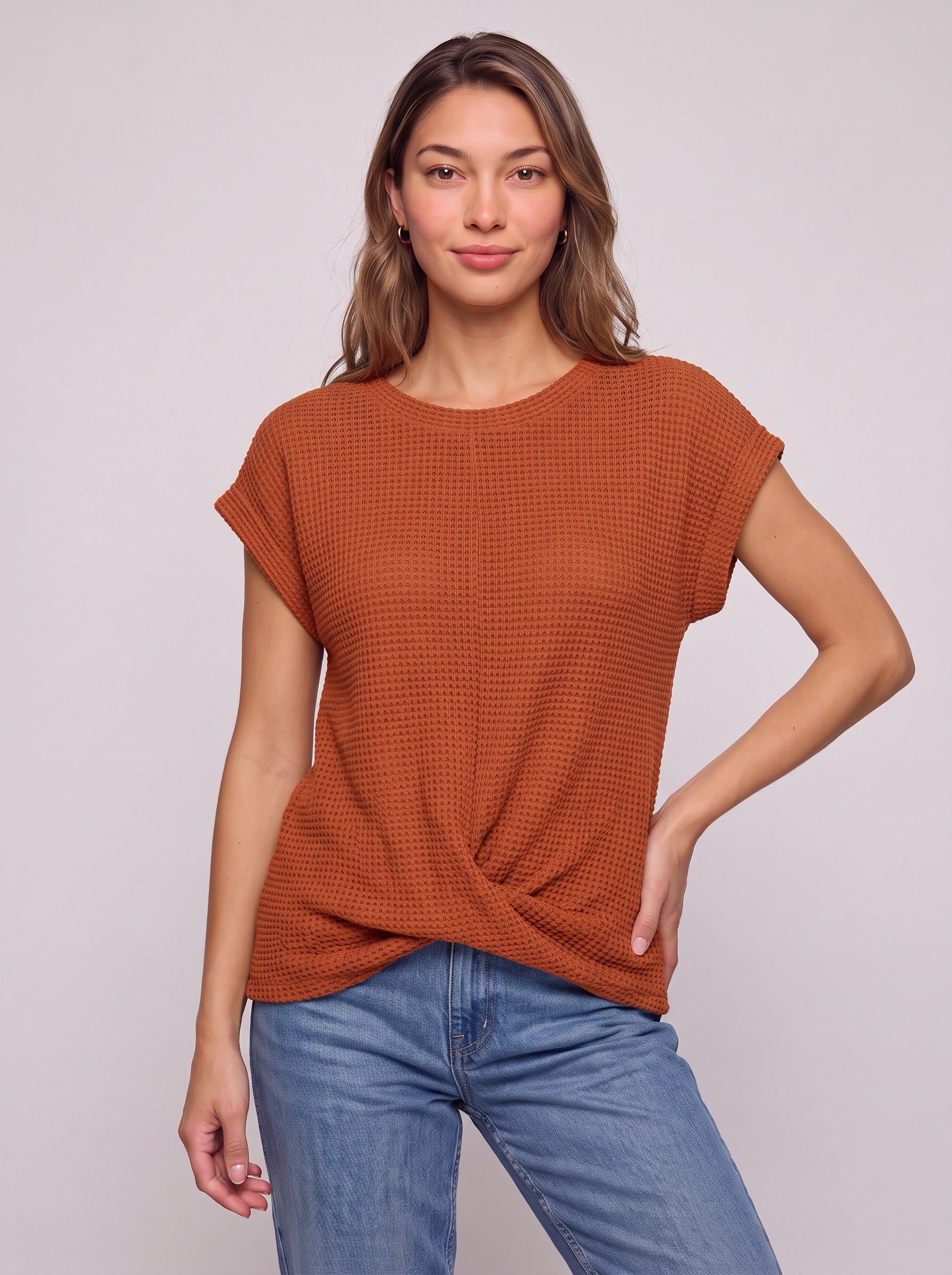 Textura Waffle Knit Crew Neck Top – Short Sleeve T Shirt Women Casual Summer Blouse Relaxed Fit