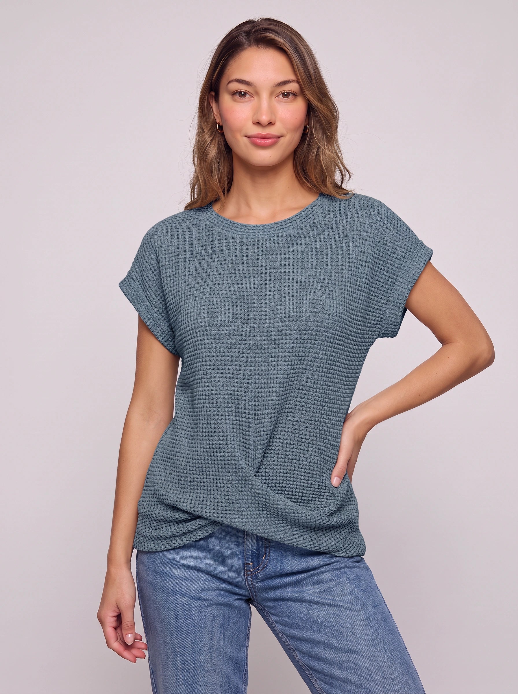 Textura Waffle Knit Crew Neck Top – Short Sleeve T Shirt Women Casual Summer Blouse Relaxed Fit