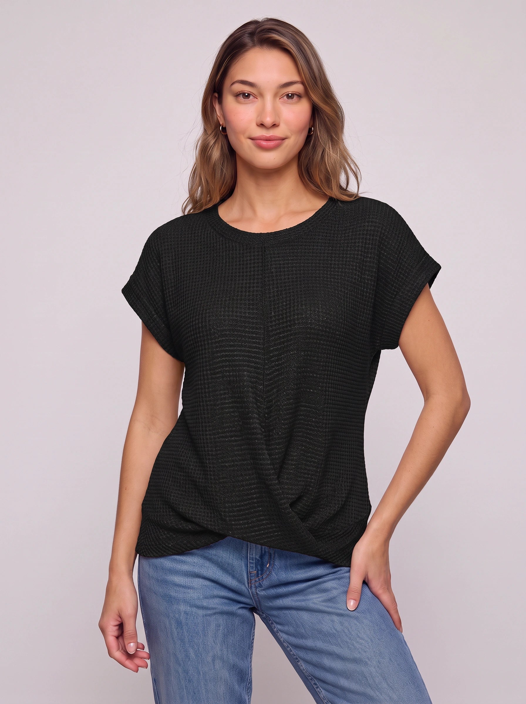 Textura Waffle Knit Crew Neck Top – Short Sleeve T Shirt Women Casual Summer Blouse Relaxed Fit