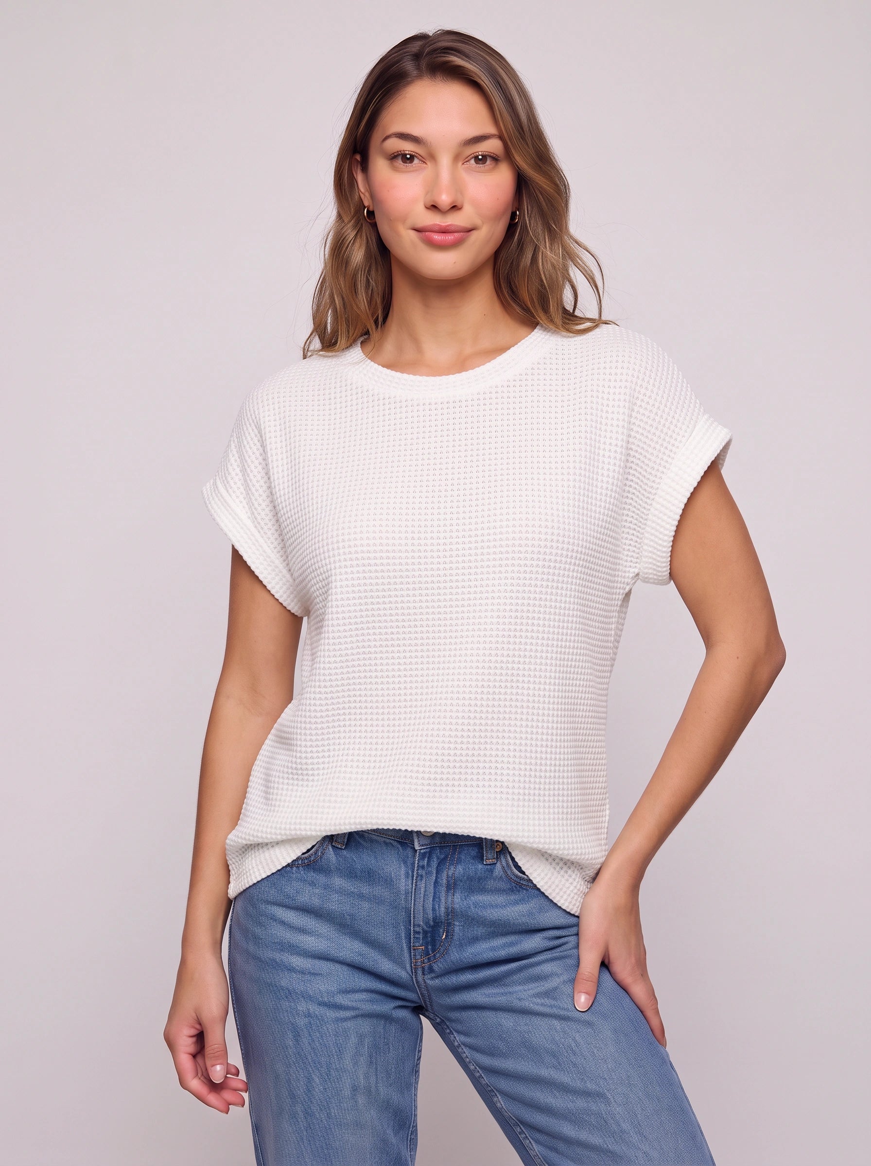 Textura Waffle Knit Crew Neck Top – Short Sleeve T Shirt Women Casual Summer Blouse Relaxed Fit