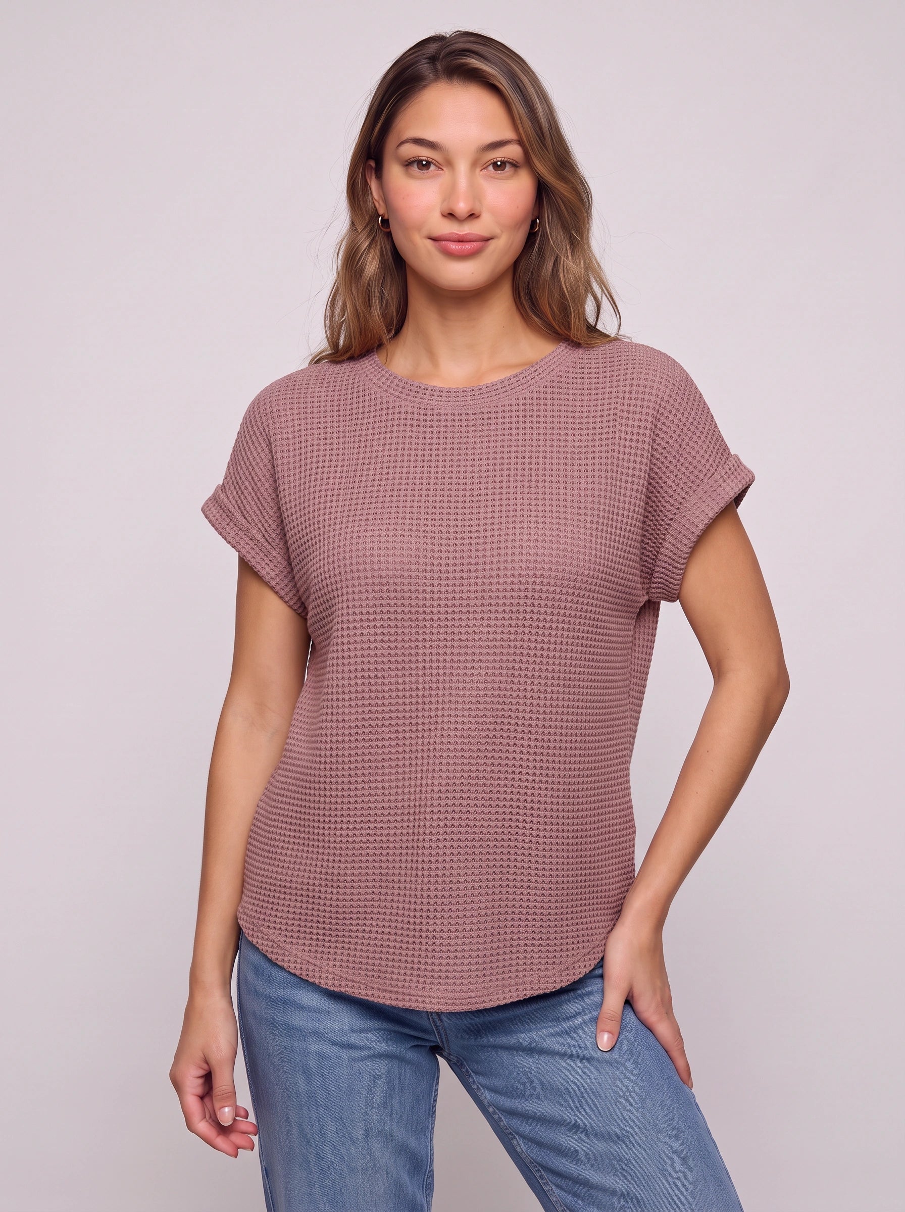 Textura Waffle Knit Crew Neck Top – Short Sleeve T Shirt Women Casual Summer Blouse Relaxed Fit