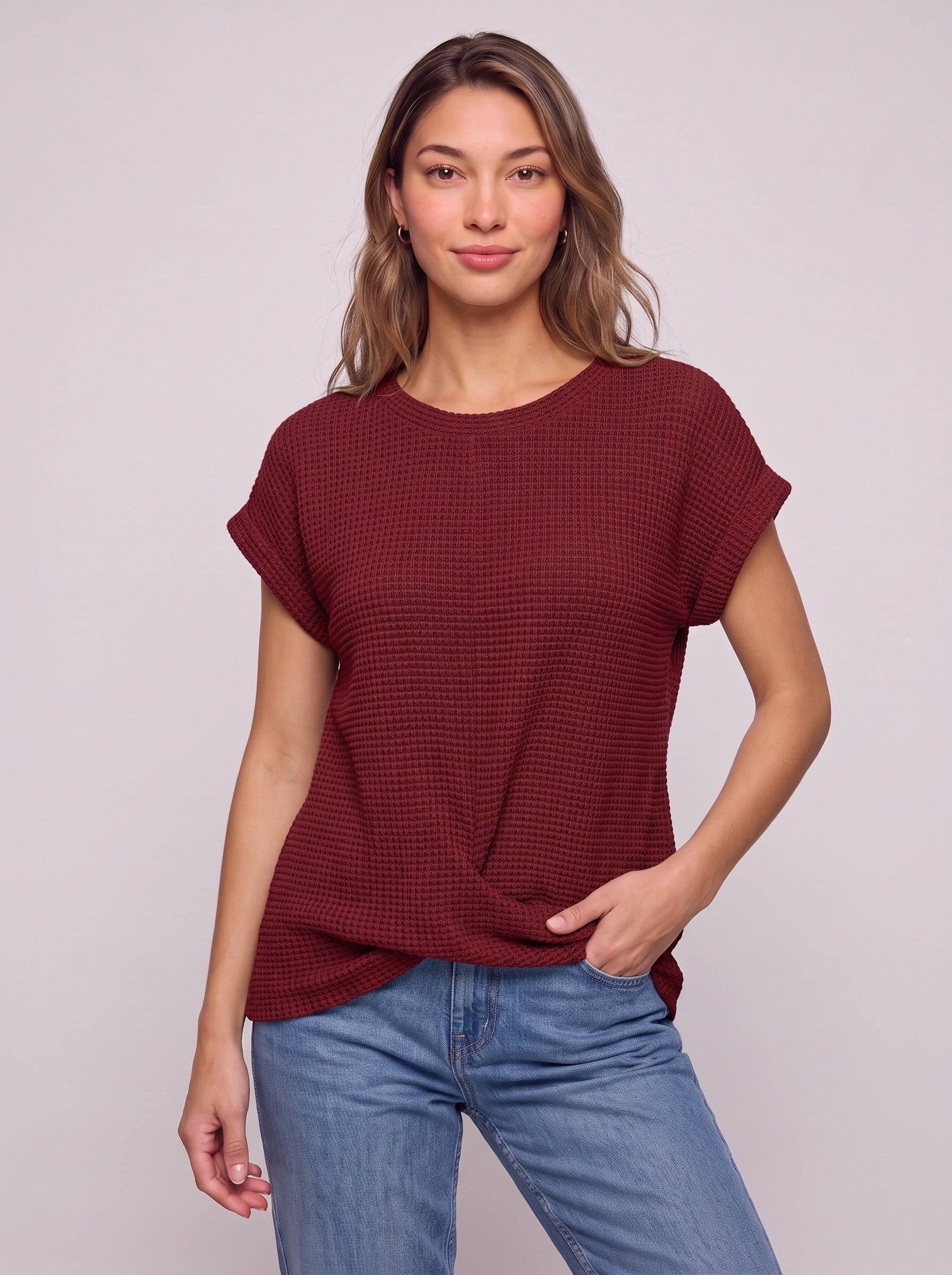 Textura Waffle Knit Crew Neck Top – Short Sleeve T Shirt Women Casual Summer Blouse Relaxed Fit