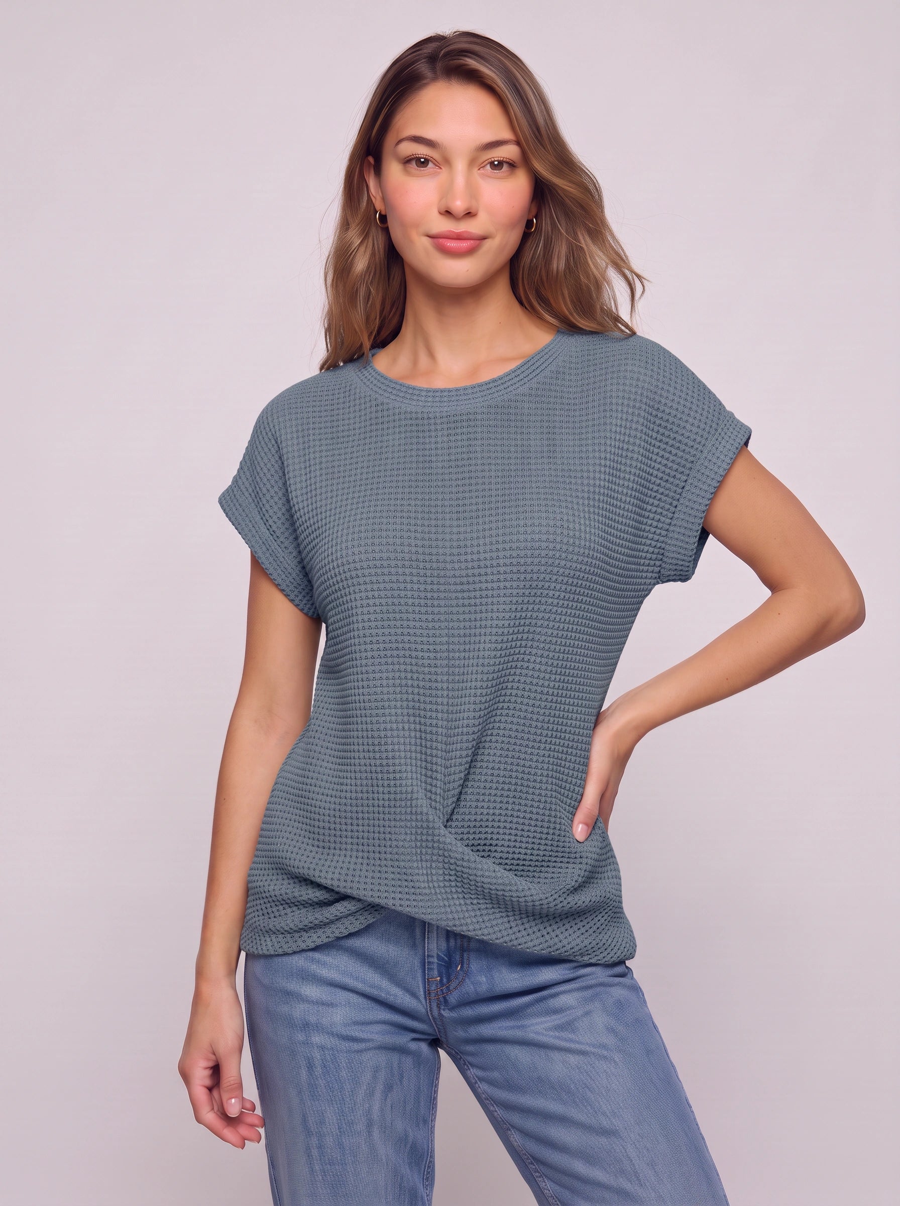 Textura Waffle Knit Crew Neck Top – Short Sleeve T Shirt Women Casual Summer Blouse Relaxed Fit