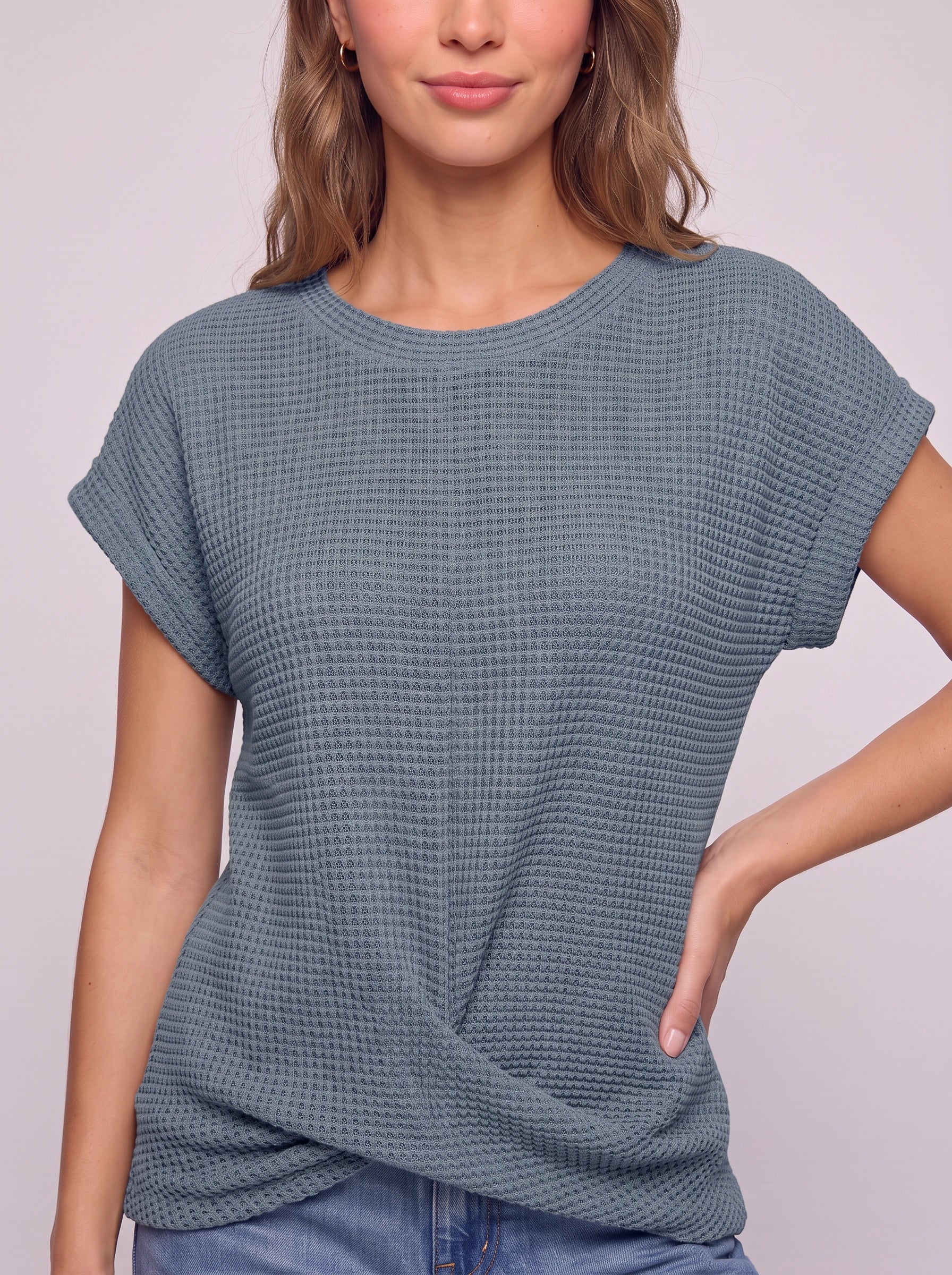Textura Waffle Knit Crew Neck Top – Short Sleeve T Shirt Women Casual Summer Blouse Relaxed Fit