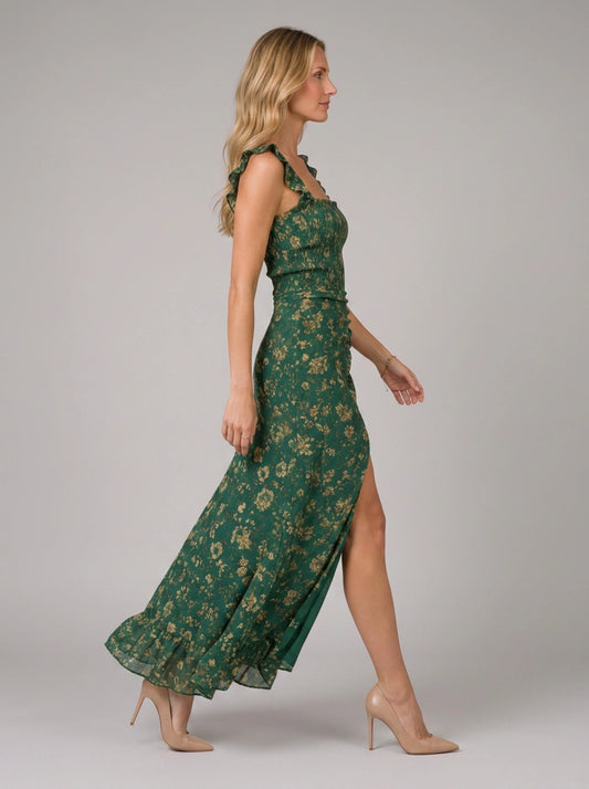 Frondelle Smocked Ruched Maxi Dress – Floral Women Boho Summer Wedding Guest Vacation Midi Maxi Dress