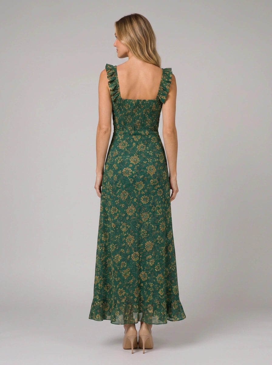 Frondelle Smocked Ruched Maxi Dress – Floral Women Boho Summer Wedding Guest Vacation Midi Maxi Dress