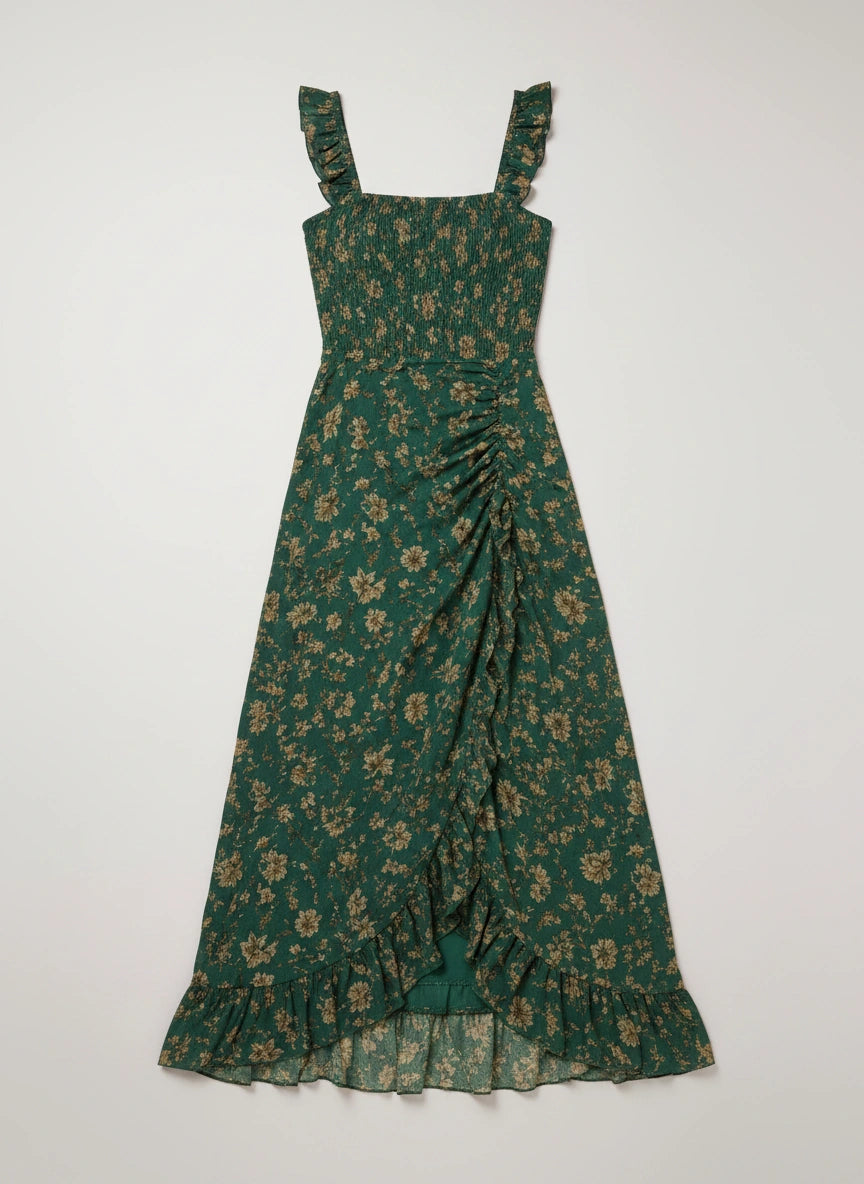 Frondelle Smocked Ruched Maxi Dress – Floral Women Boho Summer Wedding Guest Vacation Midi Maxi Dress