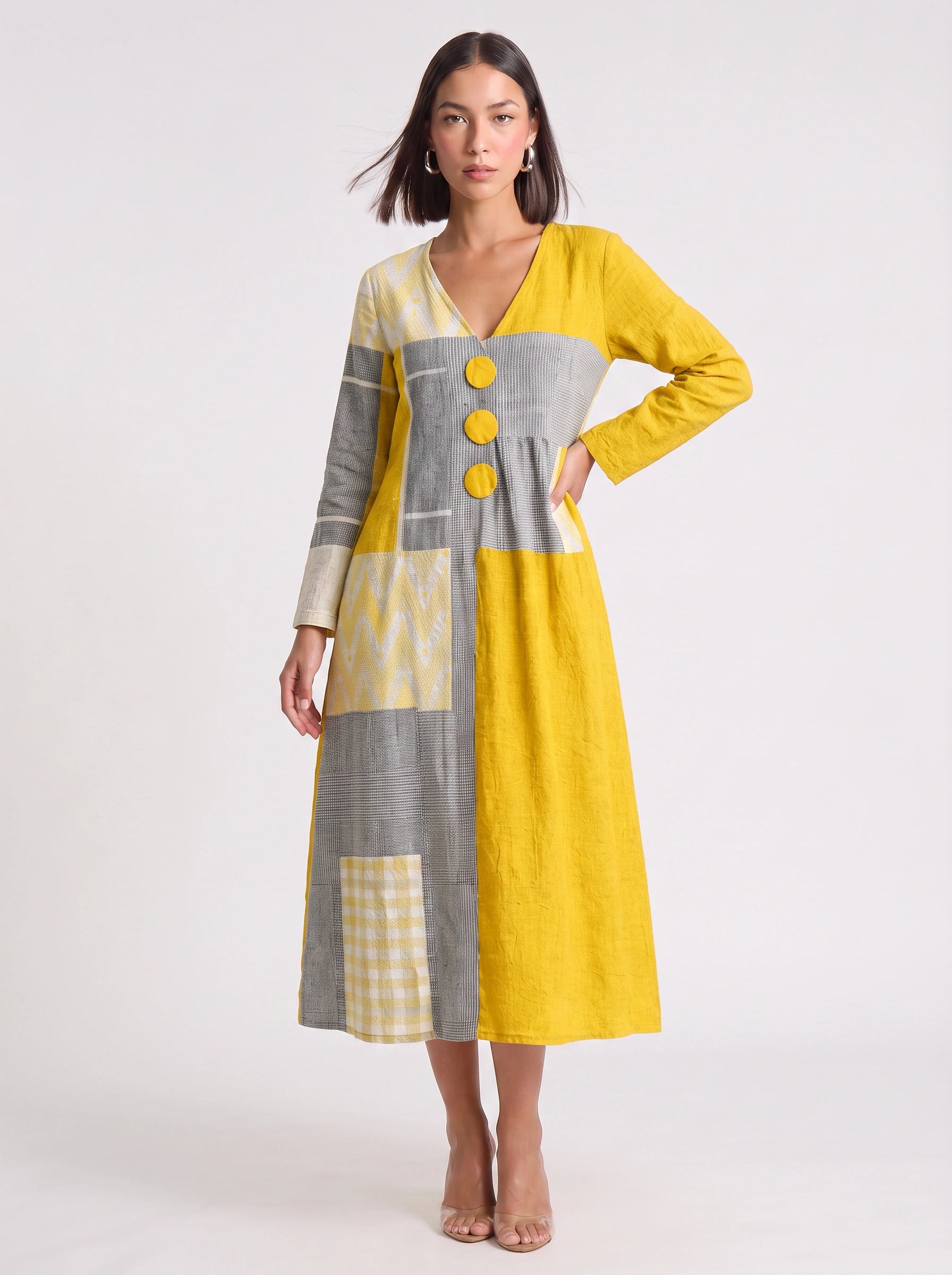 Blockpoint Patchwork V-Neck Midi Dress – Women Casual Summer Boho Linen Geometric Button Detail Midi Dress
