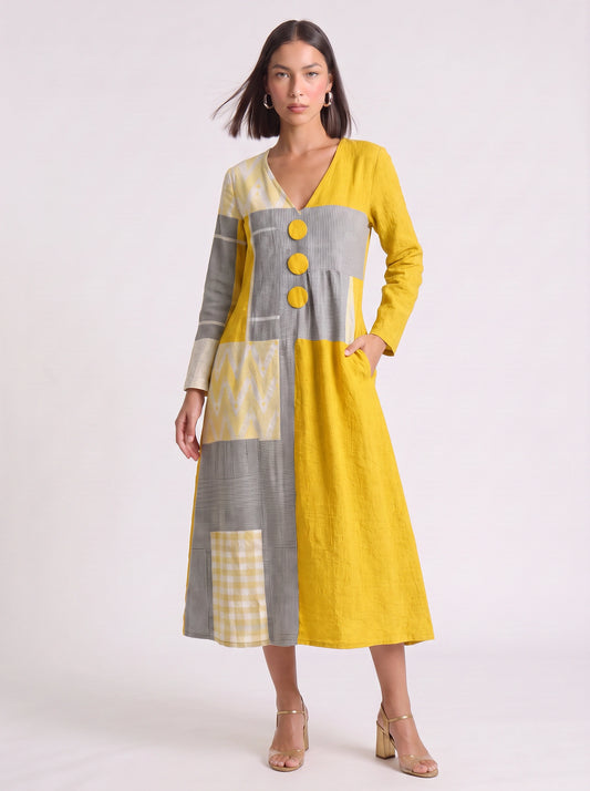 Blockpoint Patchwork V-Neck Midi Dress – Women Casual Summer Boho Linen Geometric Button Detail Midi Dress