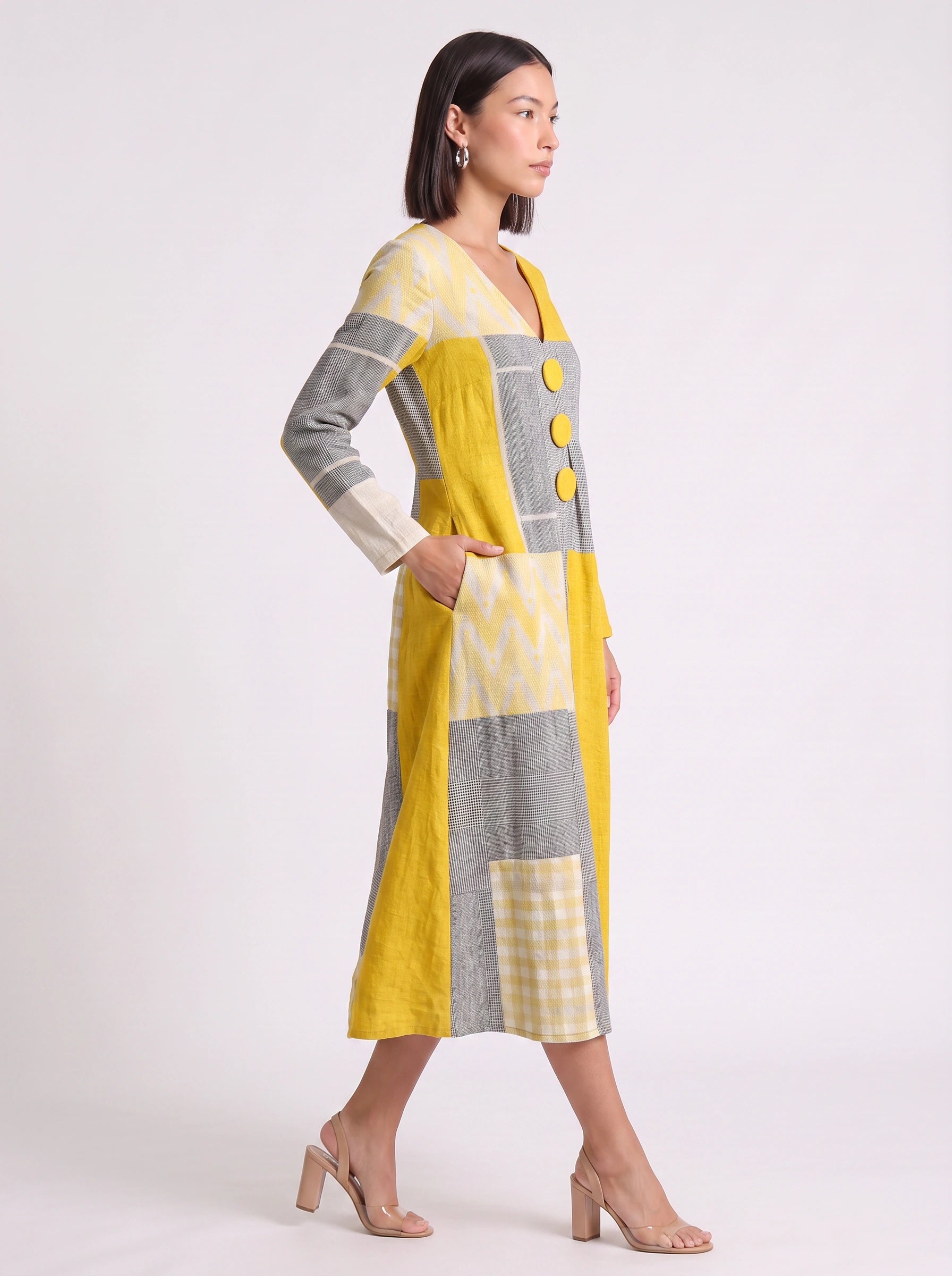 Blockpoint Patchwork V-Neck Midi Dress – Women Casual Summer Boho Linen Geometric Button Detail Midi Dress