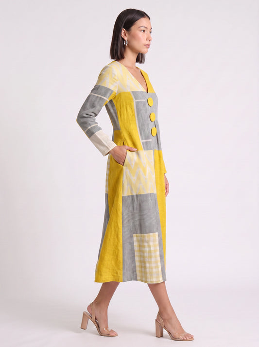 Blockpoint Patchwork V-Neck Midi Dress – Women Casual Summer Boho Linen Geometric Button Detail Midi Dress