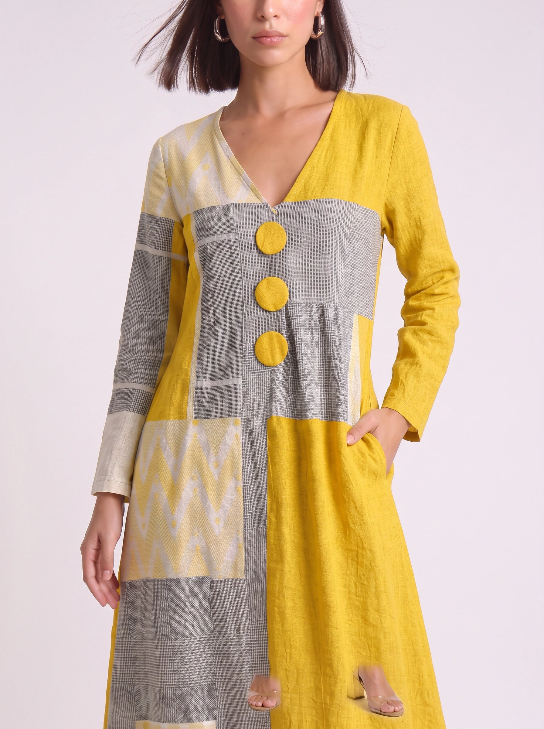 Blockpoint Patchwork V-Neck Midi Dress – Women Casual Summer Boho Linen Geometric Button Detail Midi Dress