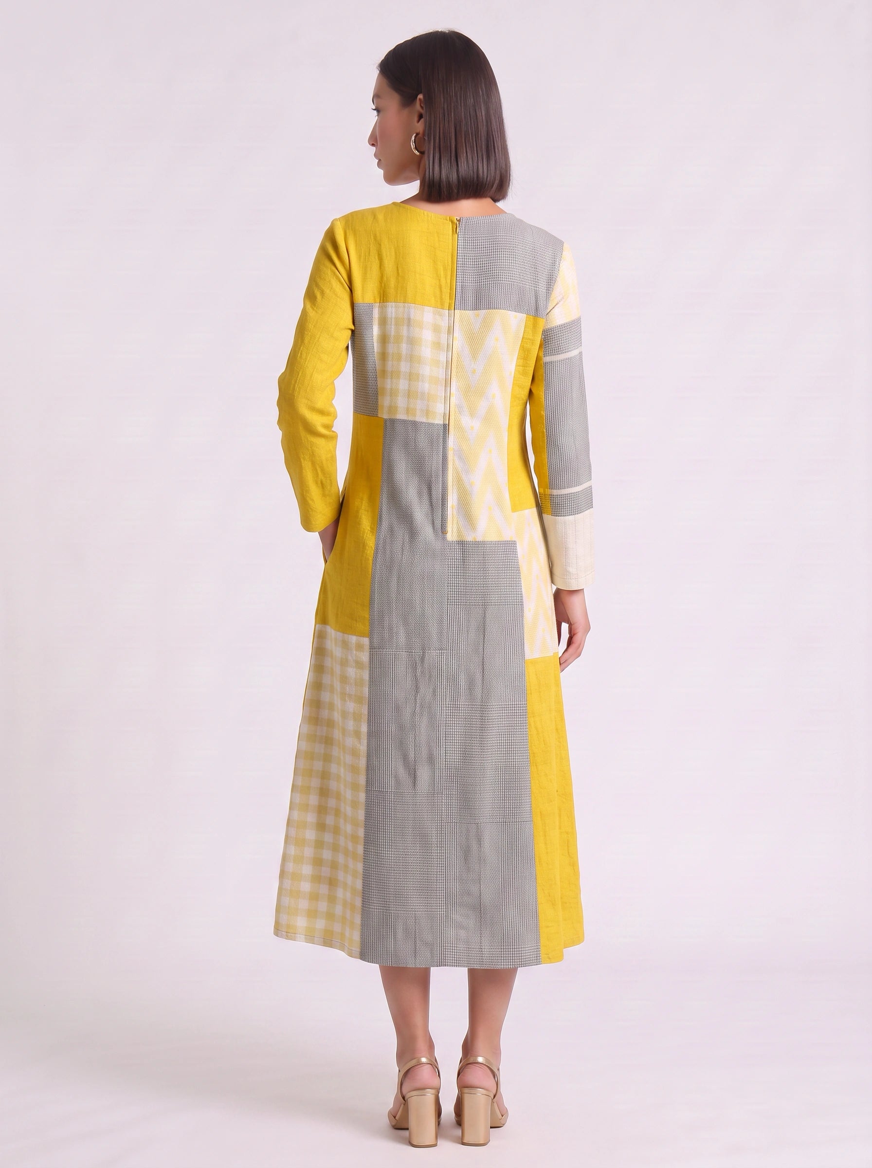 Blockpoint Patchwork V-Neck Midi Dress – Women Casual Summer Boho Linen Geometric Button Detail Midi Dress