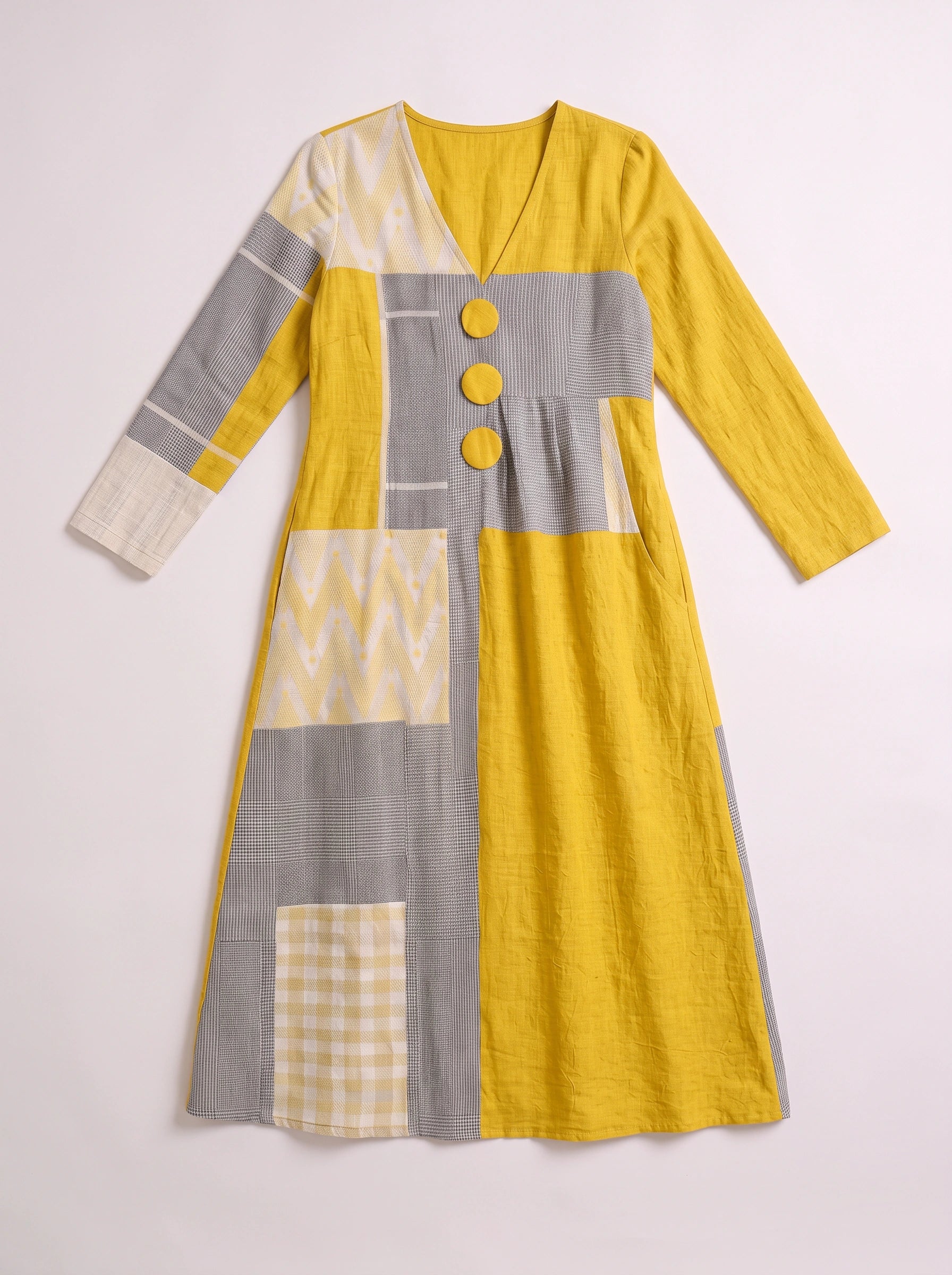 Blockpoint Patchwork V-Neck Midi Dress – Women Casual Summer Boho Linen Geometric Button Detail Midi Dress