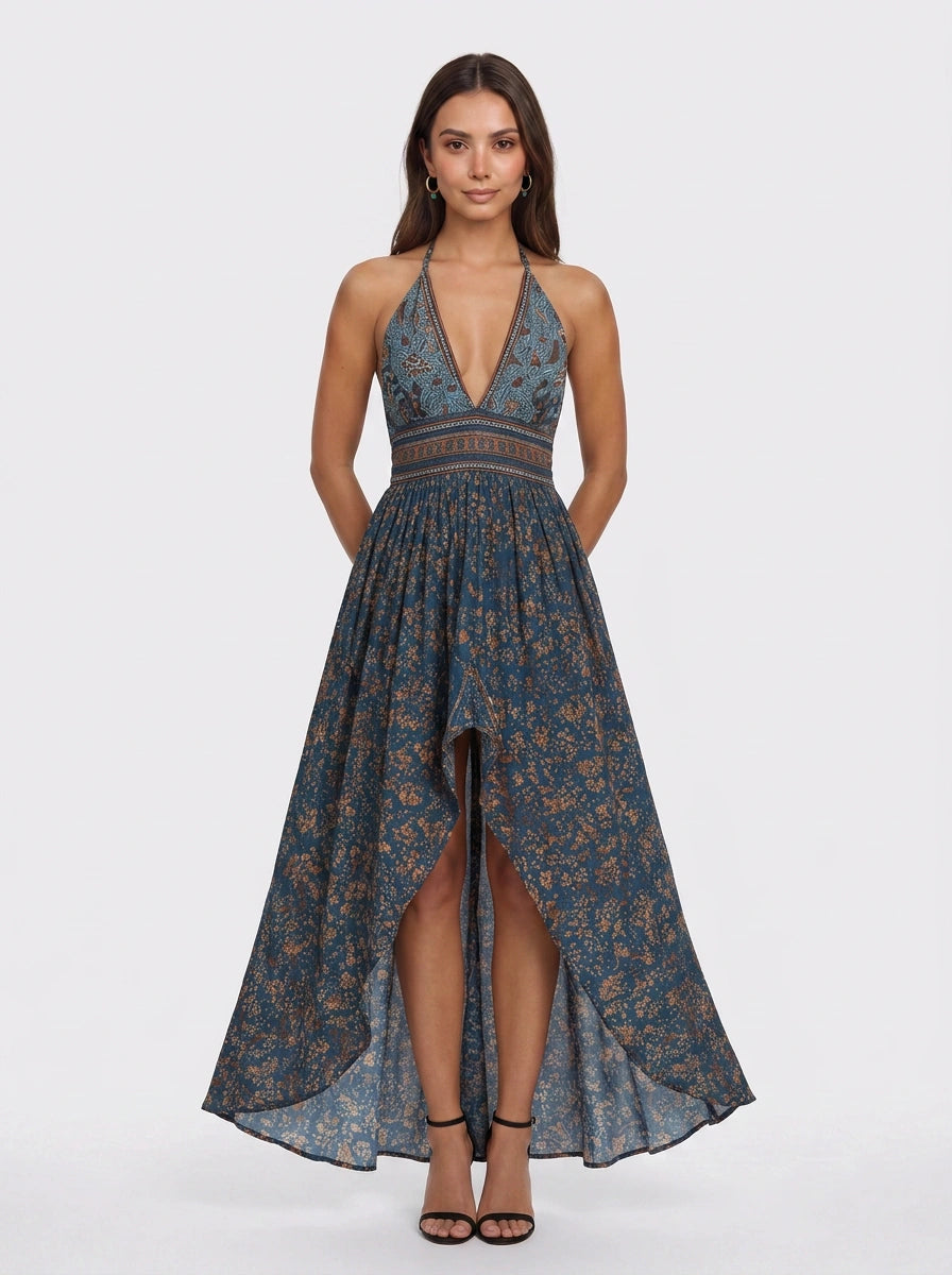 Evadine Halter Neck Maxi Dress – Paisley Boho Floral Women Summer Beach Vacation Festival Halter Maxi Dress