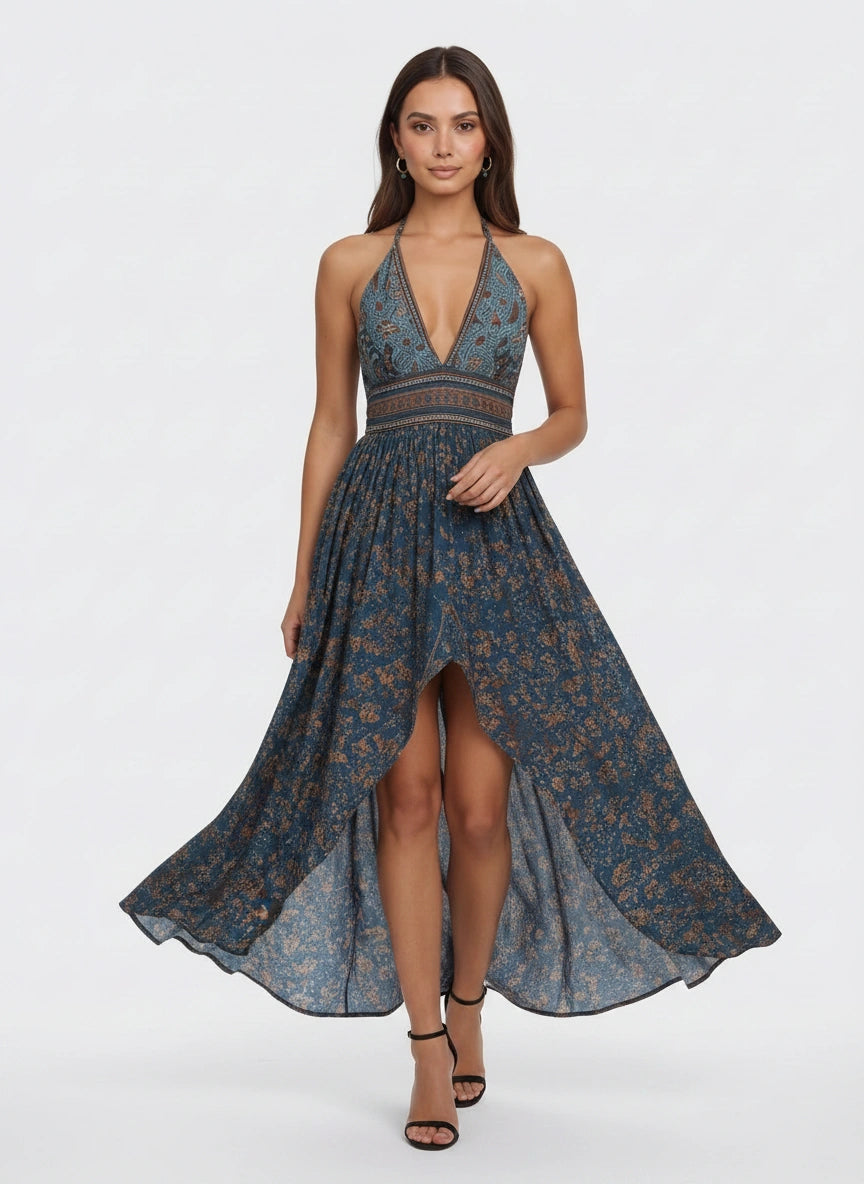 Evadine Halter Neck Maxi Dress – Paisley Boho Floral Women Summer Beach Vacation Festival Halter Maxi Dress