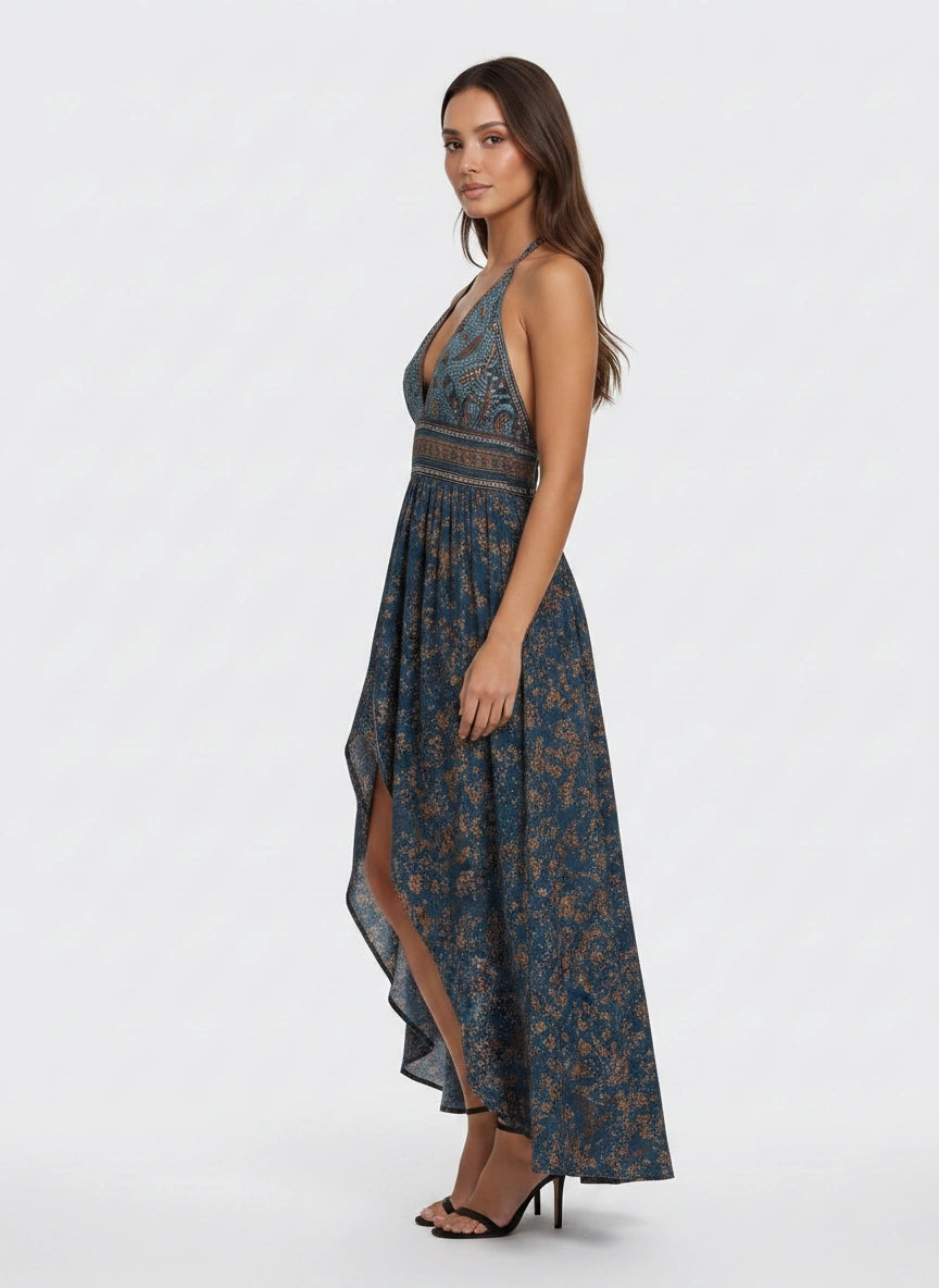 Evadine Halter Neck Maxi Dress – Paisley Boho Floral Women Summer Beach Vacation Festival Halter Maxi Dress