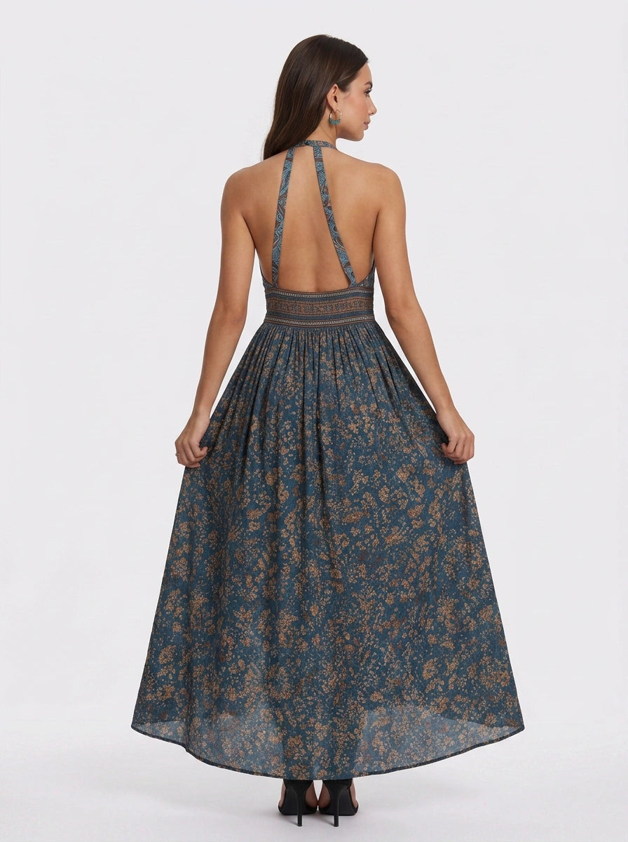 Evadine Halter Neck Maxi Dress – Paisley Boho Floral Women Summer Beach Vacation Festival Halter Maxi Dress