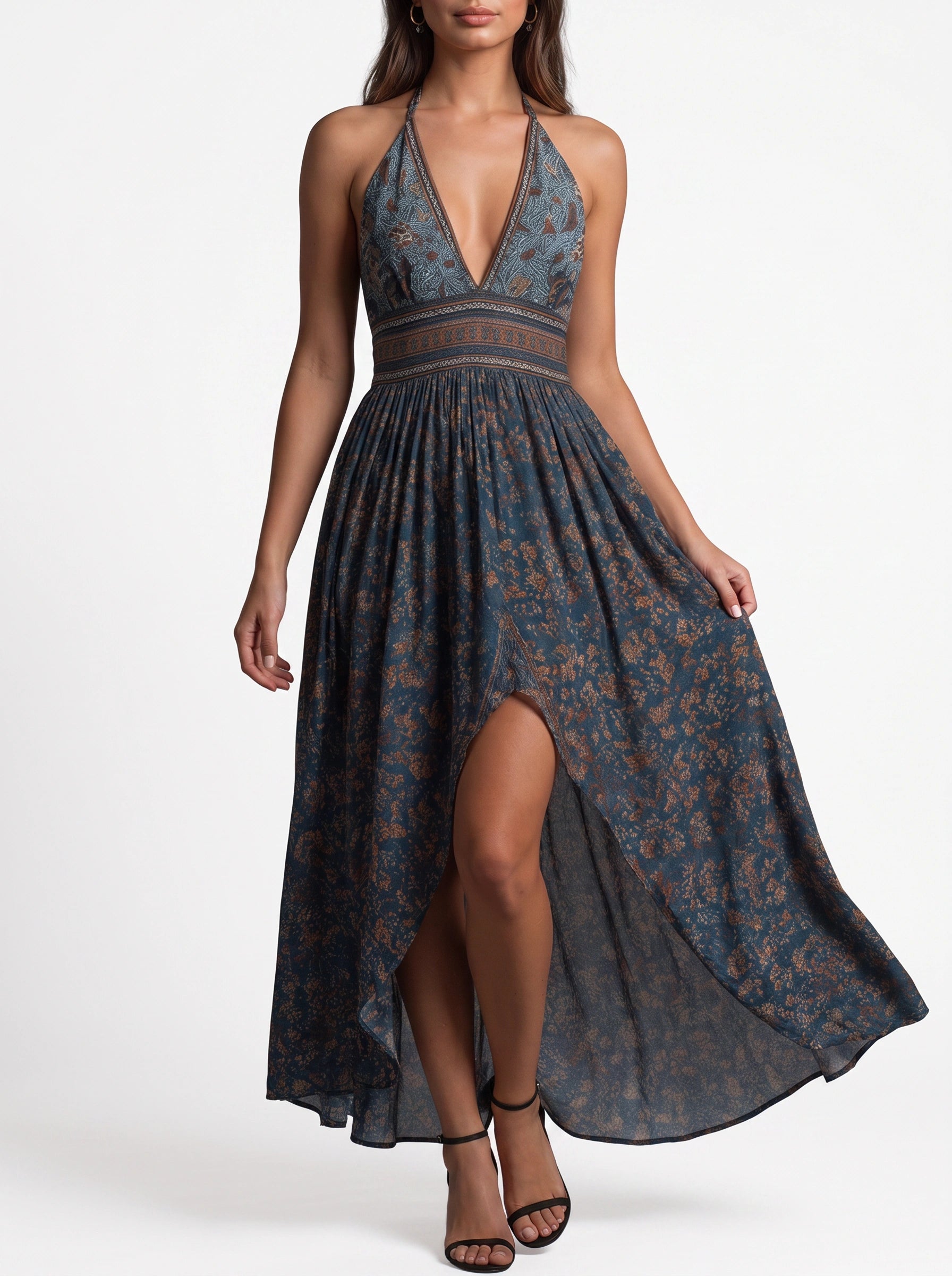 Evadine Halter Neck Maxi Dress – Paisley Boho Floral Women Summer Beach Vacation Festival Halter Maxi Dress