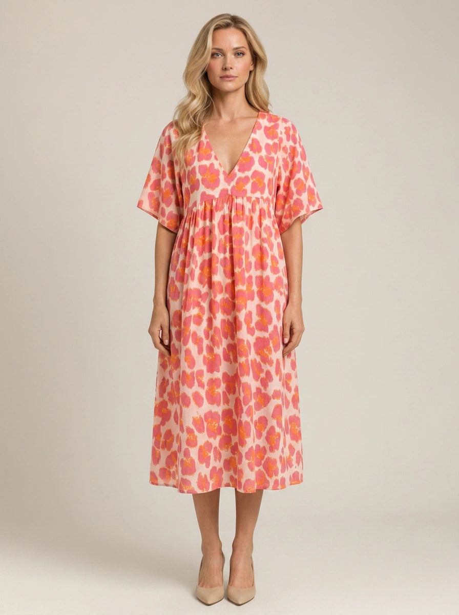 Coriole V-Neck Empire Waist Midi Dress – Printed Floral Midi Dress Women Summer Vacation Beach Sundress