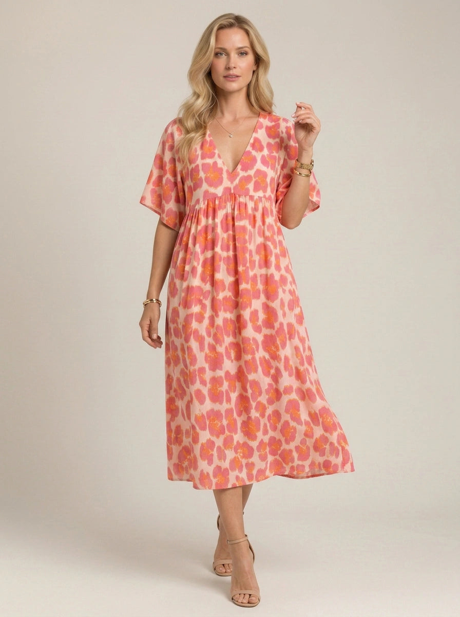 Coriole V-Neck Empire Waist Midi Dress – Printed Floral Midi Dress Women Summer Vacation Beach Sundress