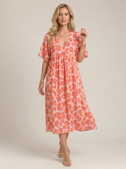 Coriole V-Neck Empire Waist Midi Dress – Printed Floral Midi Dress Women Summer Vacation Beach Sundress