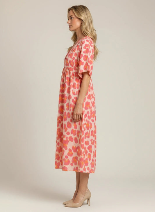 Coriole V-Neck Empire Waist Midi Dress – Printed Floral Midi Dress Women Summer Vacation Beach Sundress