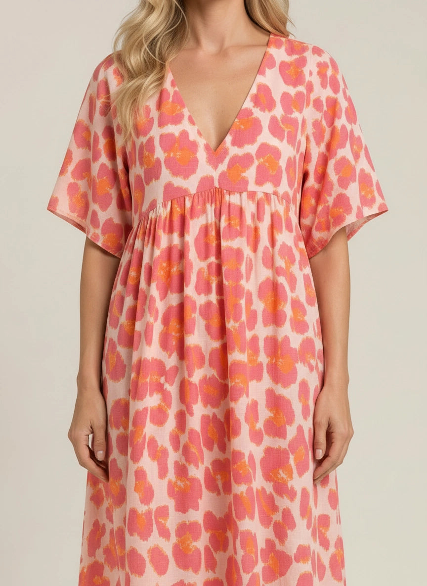 Coriole V-Neck Empire Waist Midi Dress – Printed Floral Midi Dress Women Summer Vacation Beach Sundress