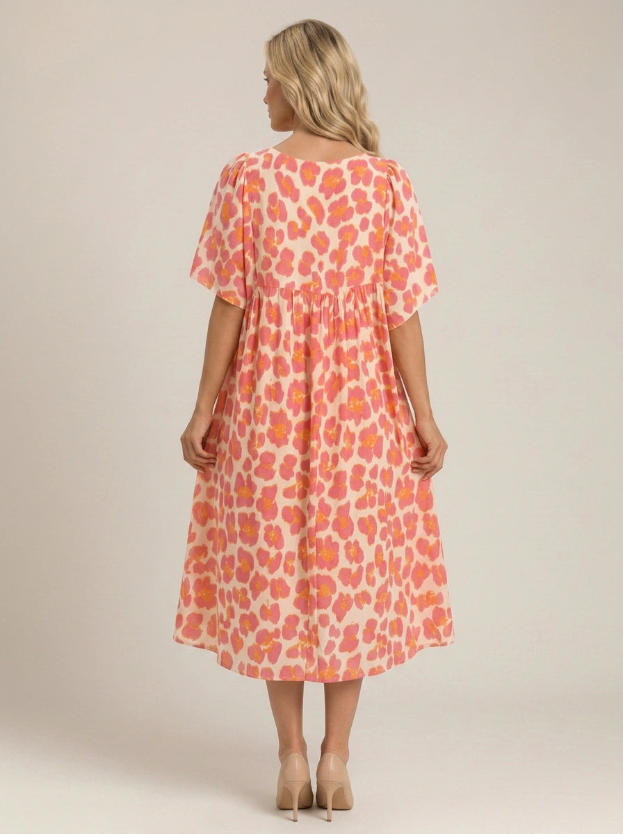 Coriole V-Neck Empire Waist Midi Dress – Printed Floral Midi Dress Women Summer Vacation Beach Sundress